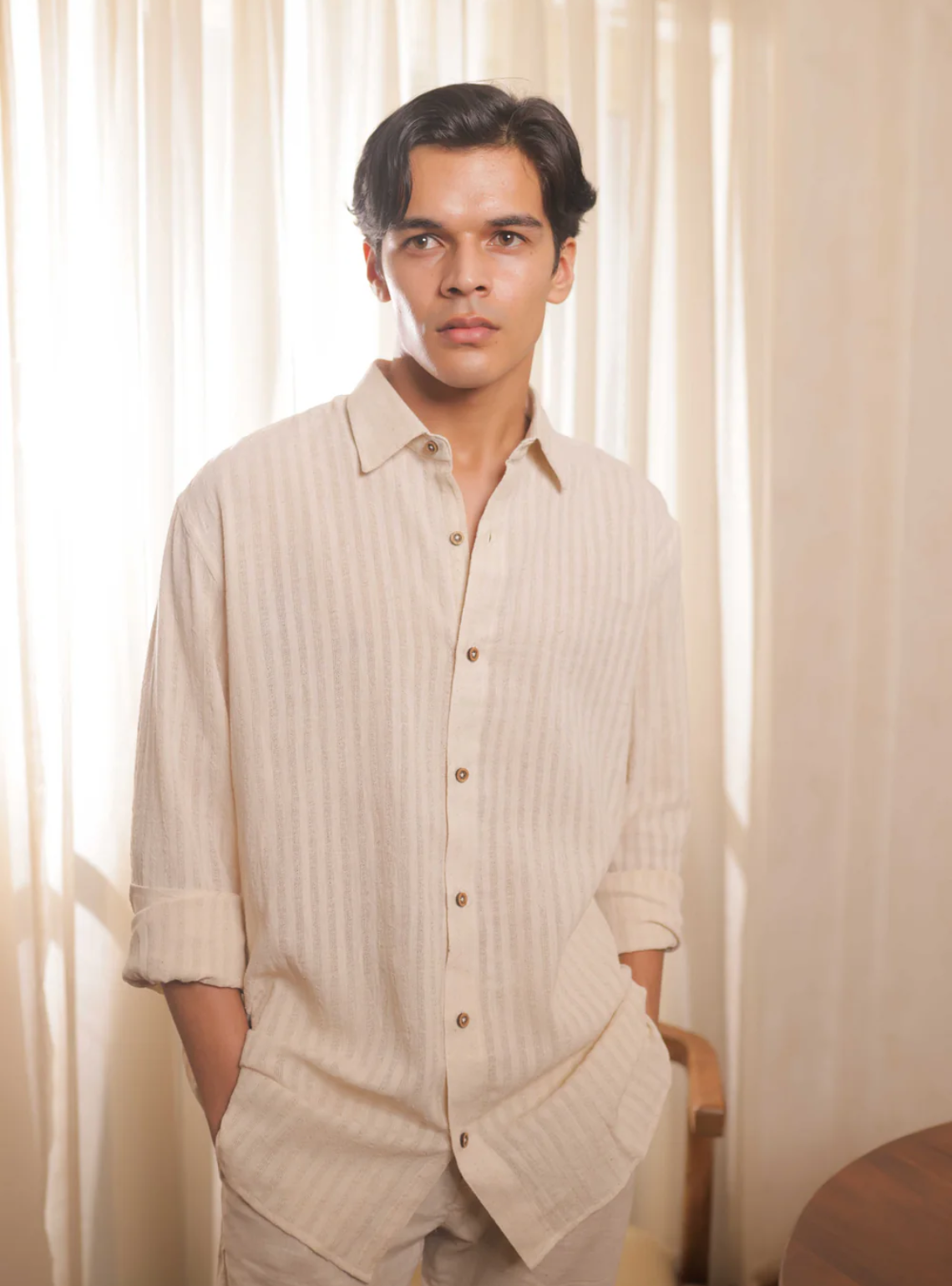 Ivory Stride – Off-White Handwoven Khadi Cotton Shirt with Subtle Stripe Weave