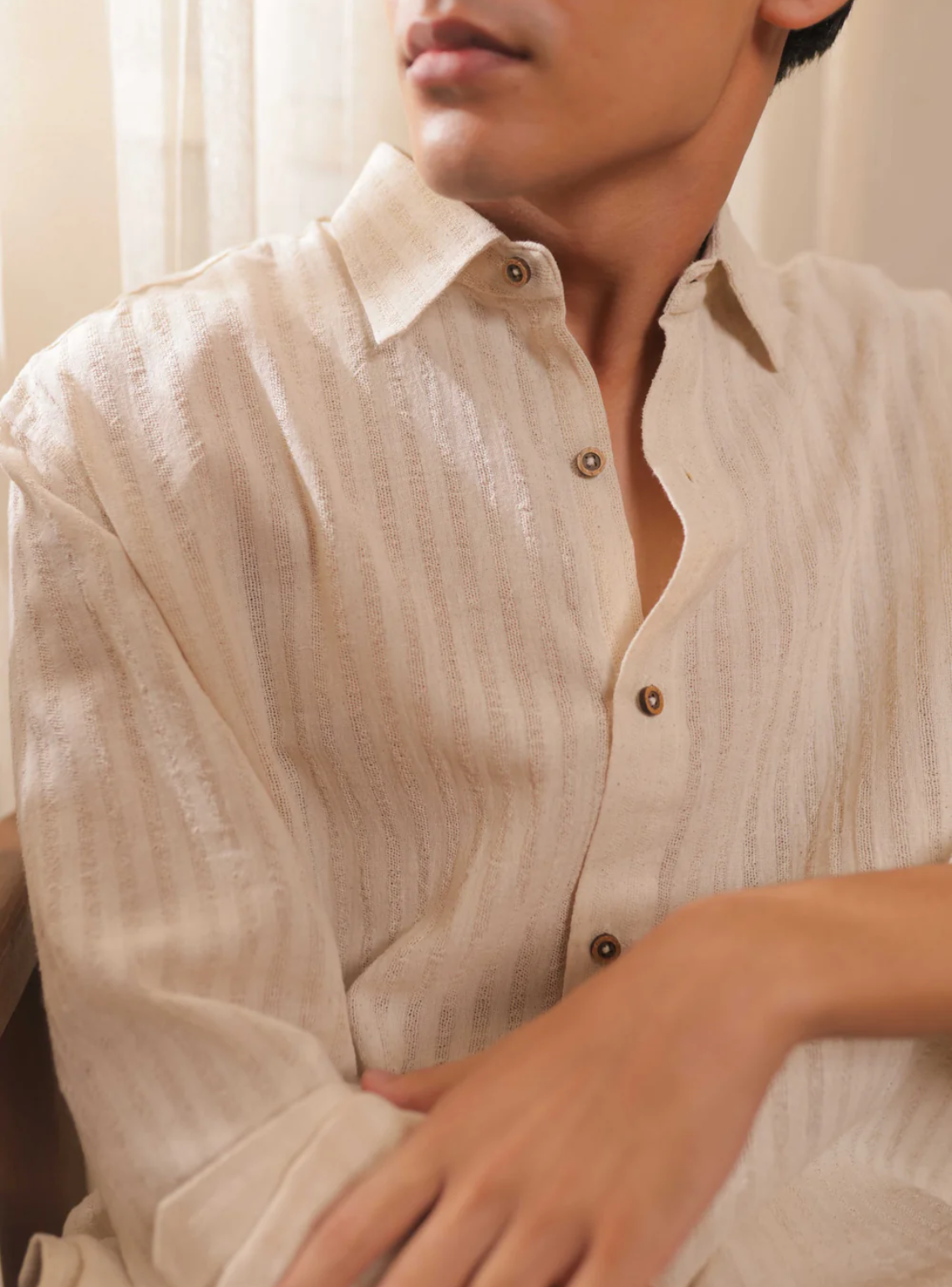 Ivory Stride – Off-White Handwoven Khadi Cotton Shirt with Subtle Stripe Weave