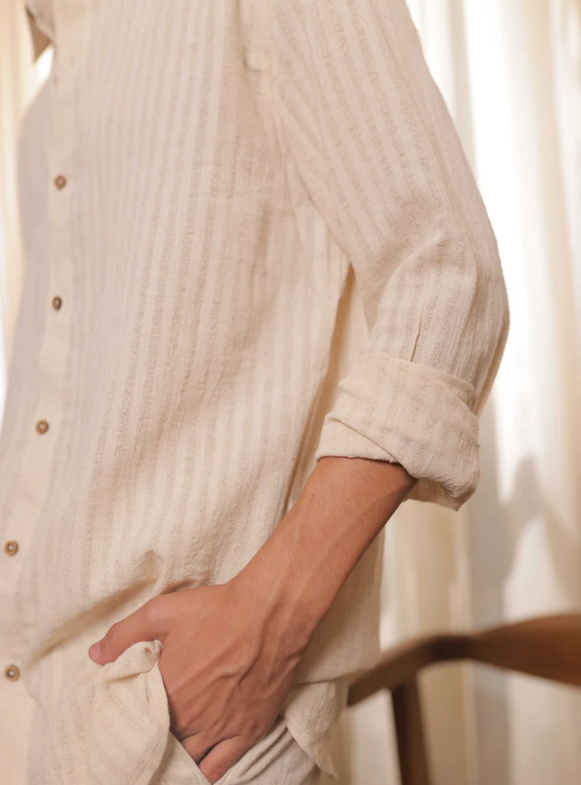 Ivory Stride – Off-White Handwoven Khadi Cotton Shirt with Subtle Stripe Weave