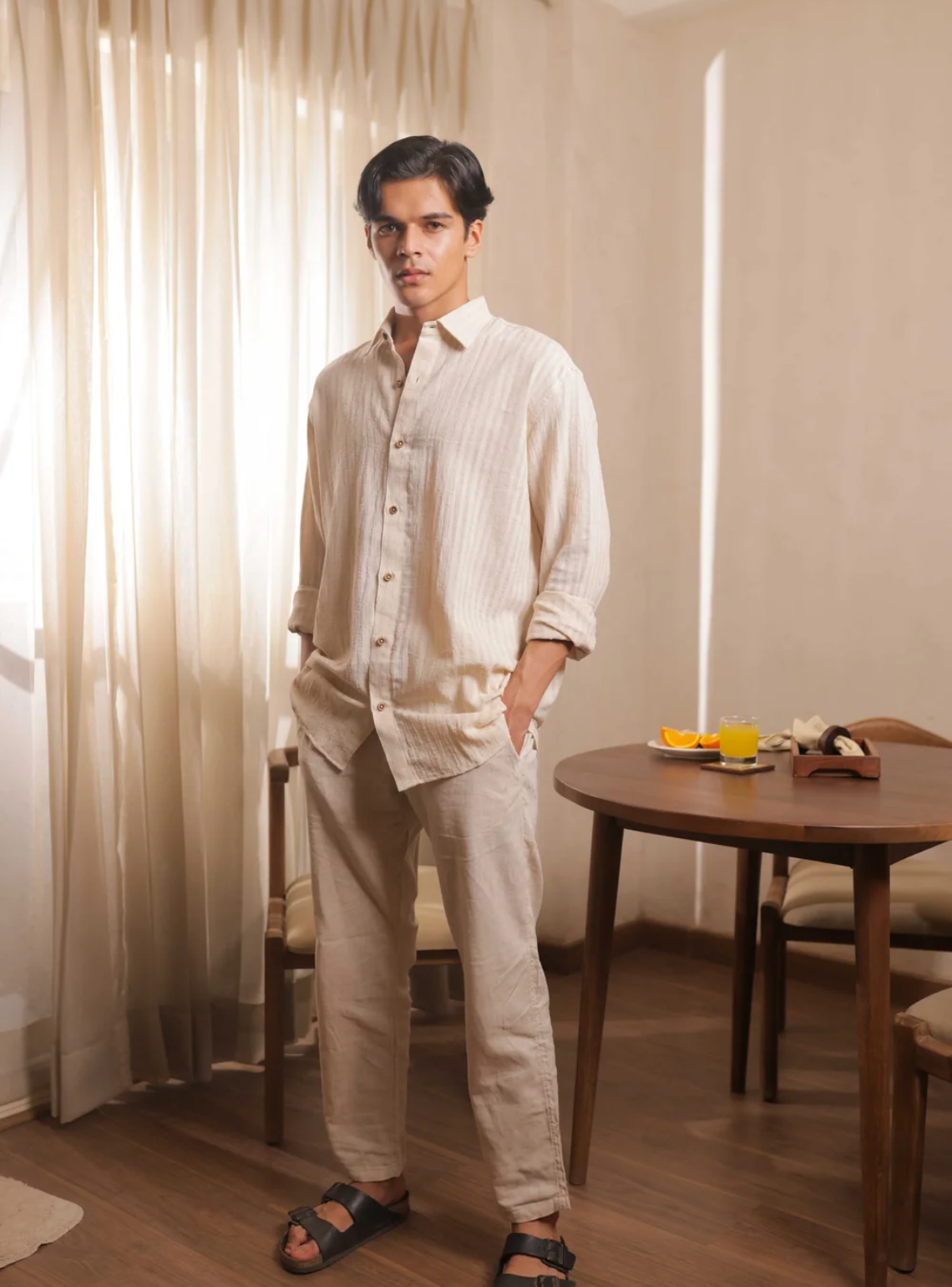 Ivory Stride – Off-White Handwoven Khadi Cotton Shirt with Subtle Stripe Weave