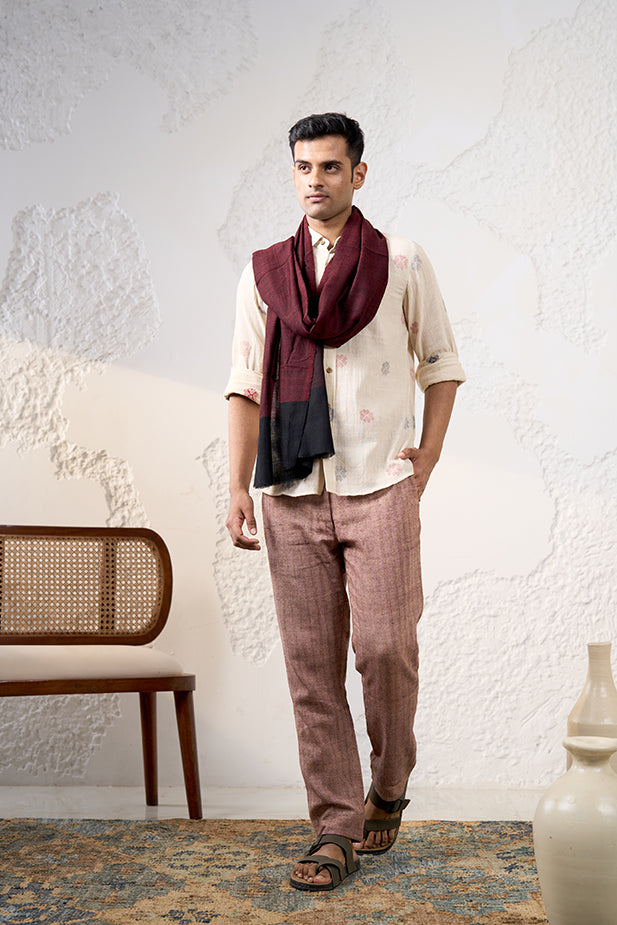 Crimson Echo Fine Cashmere Wool Stole in Deep Maroon & Black by Veaves