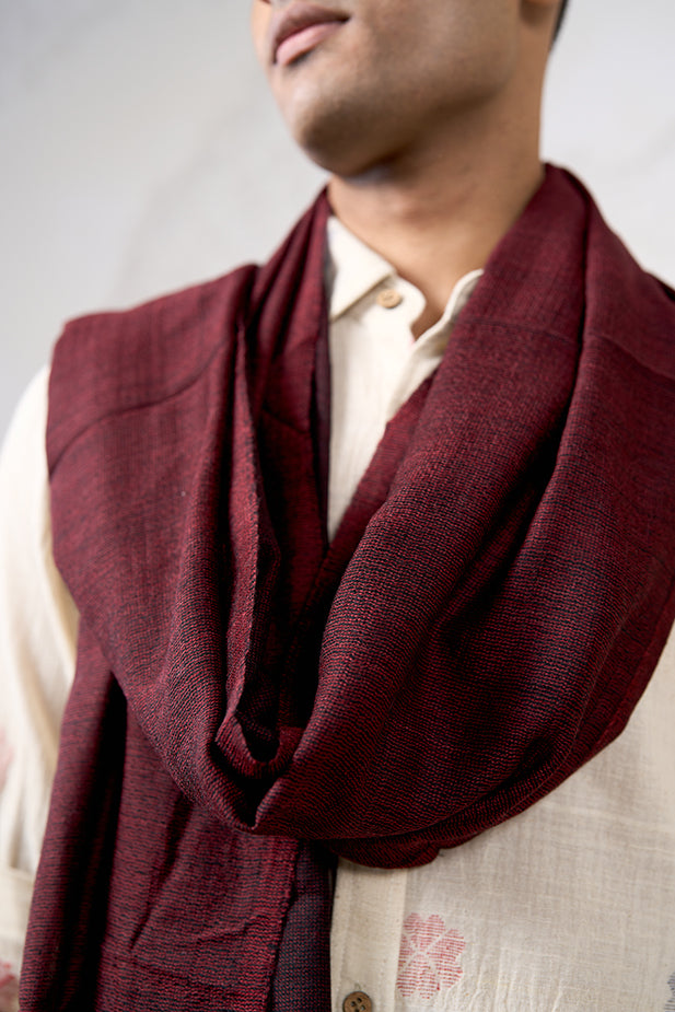 Crimson Echo Fine Cashmere Wool Stole in Deep Maroon & Black by Veaves