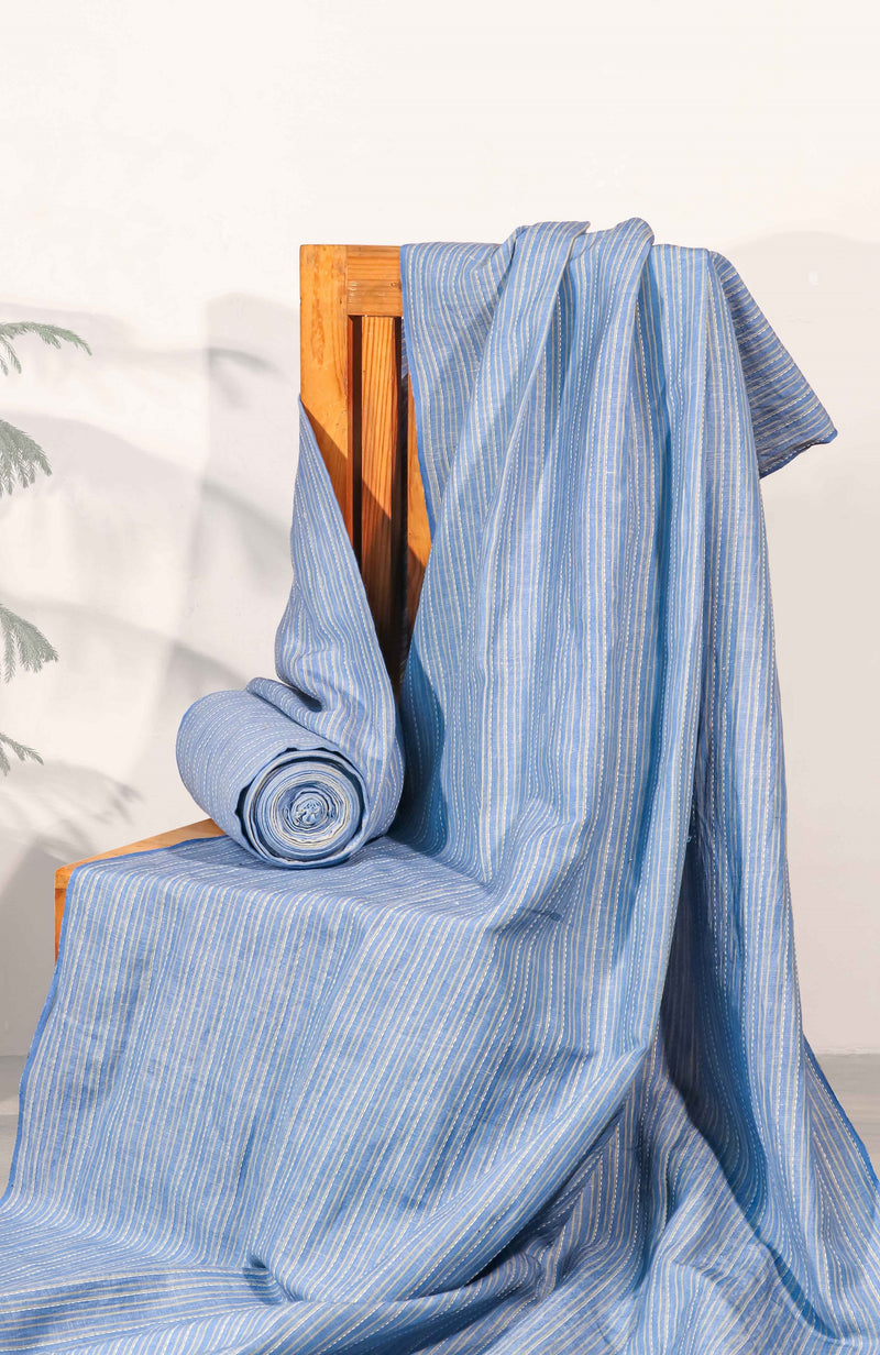Blue Handwoven Khadi Linen Fabric – Dual Stripe
