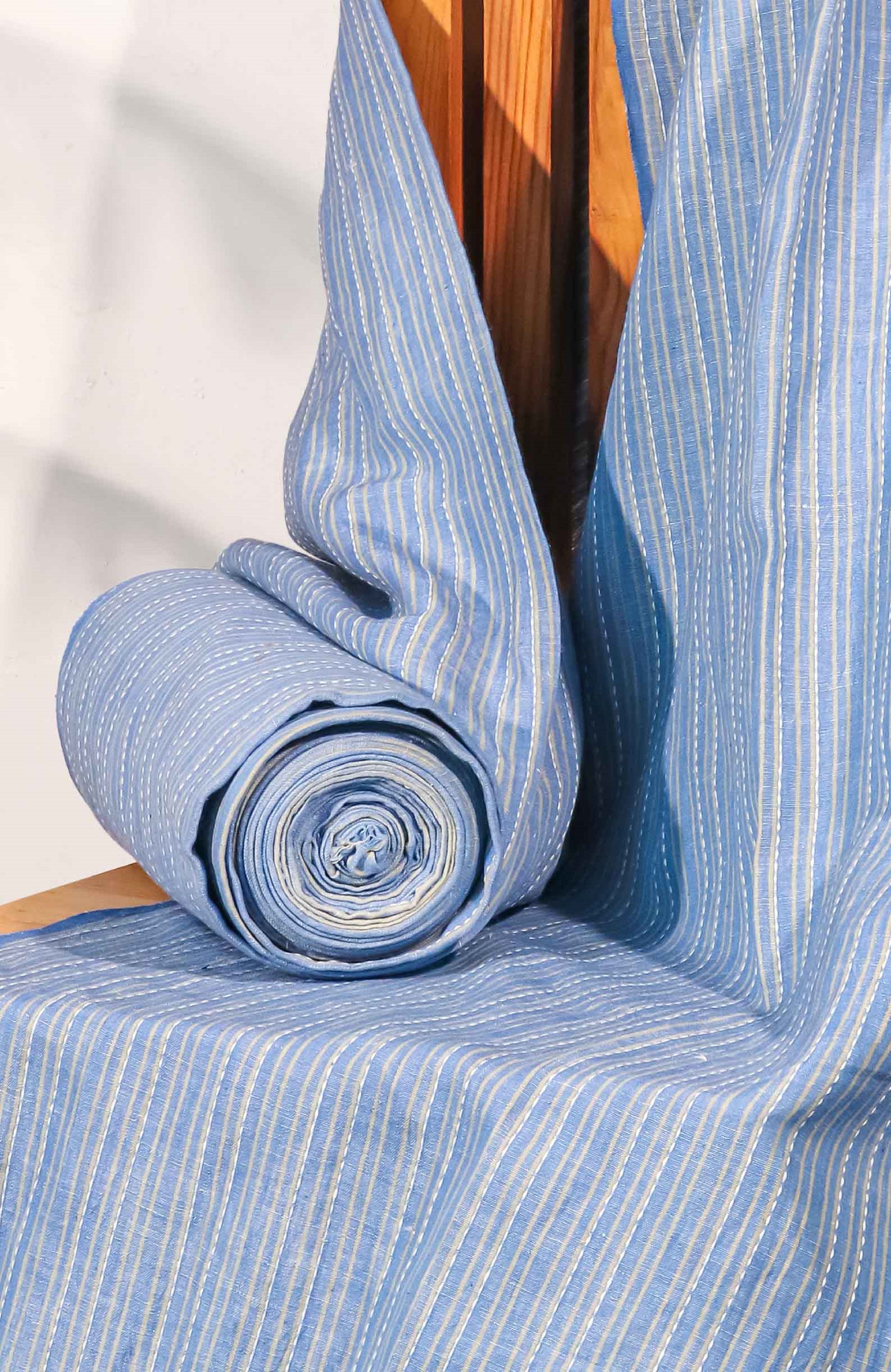 Blue Handwoven Khadi Linen Fabric – Dual Stripe