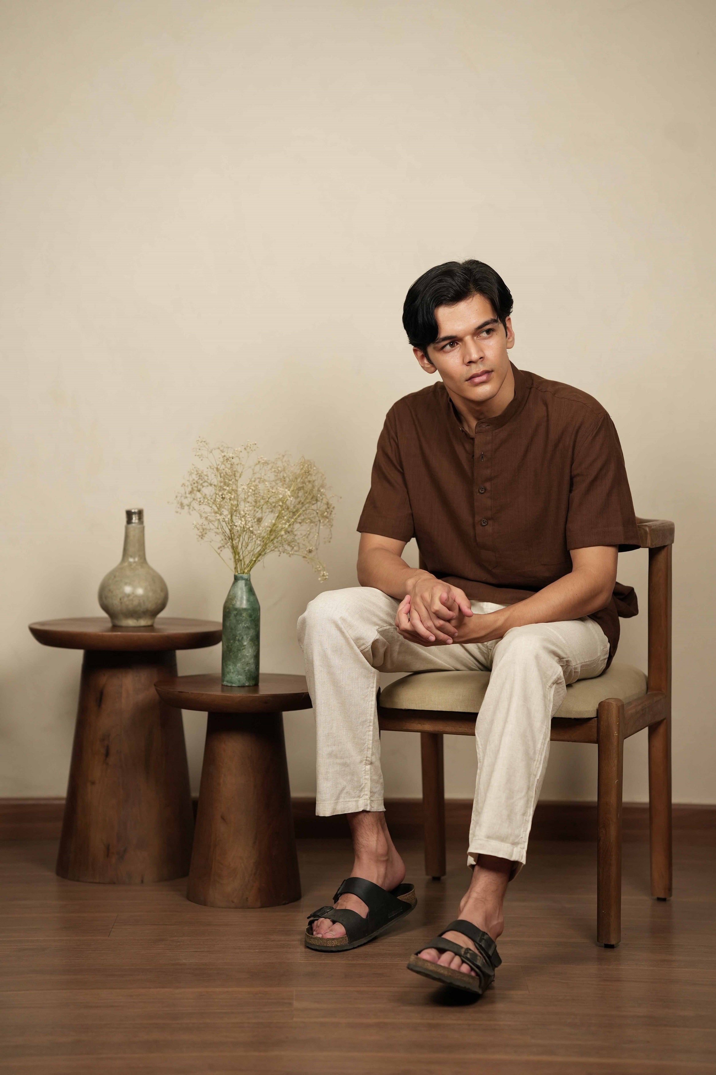 Earth Hue – Handwoven Brown Mandarin Collar Cotton Shirt