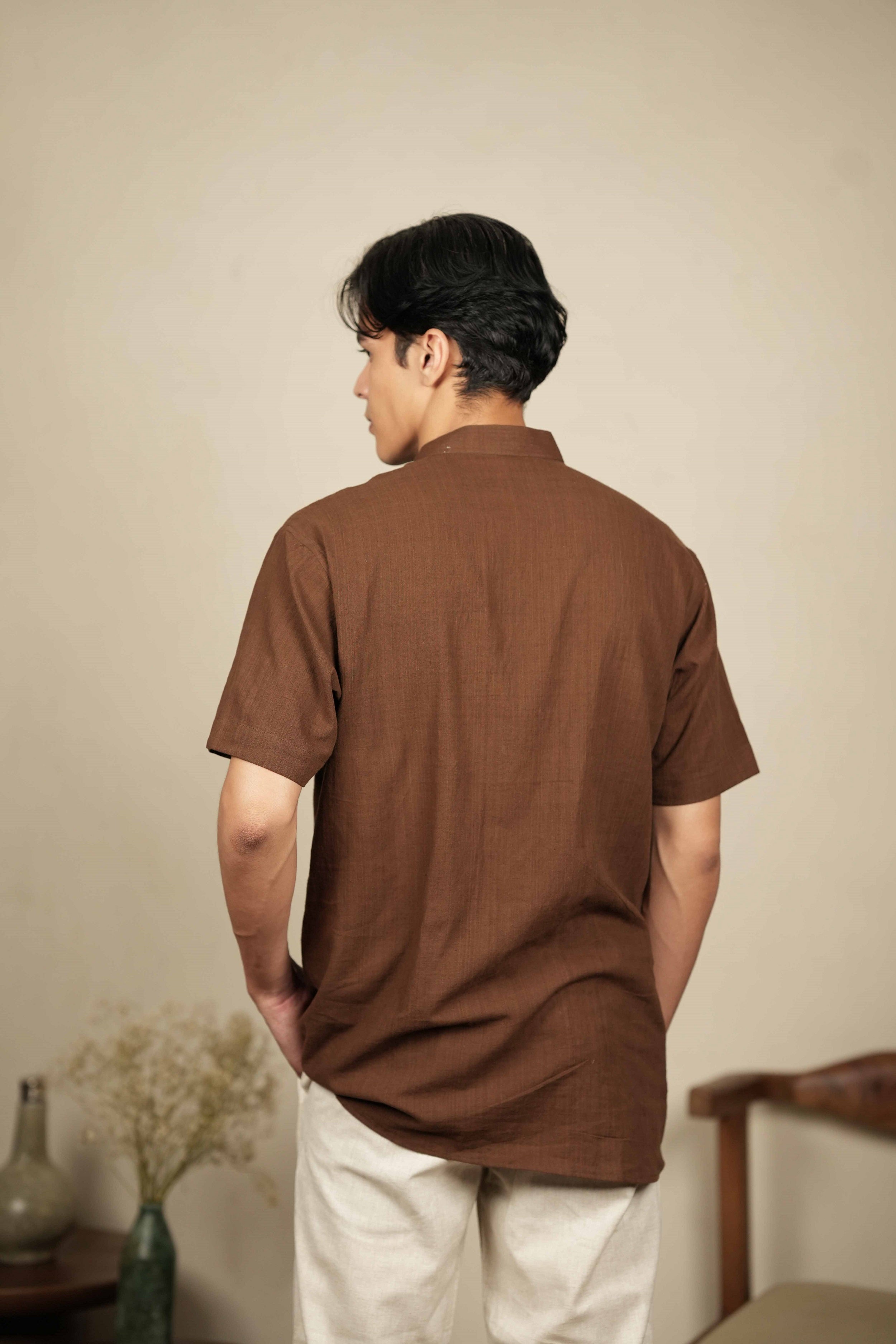Earth Hue – Handwoven Brown Mandarin Collar Cotton Shirt