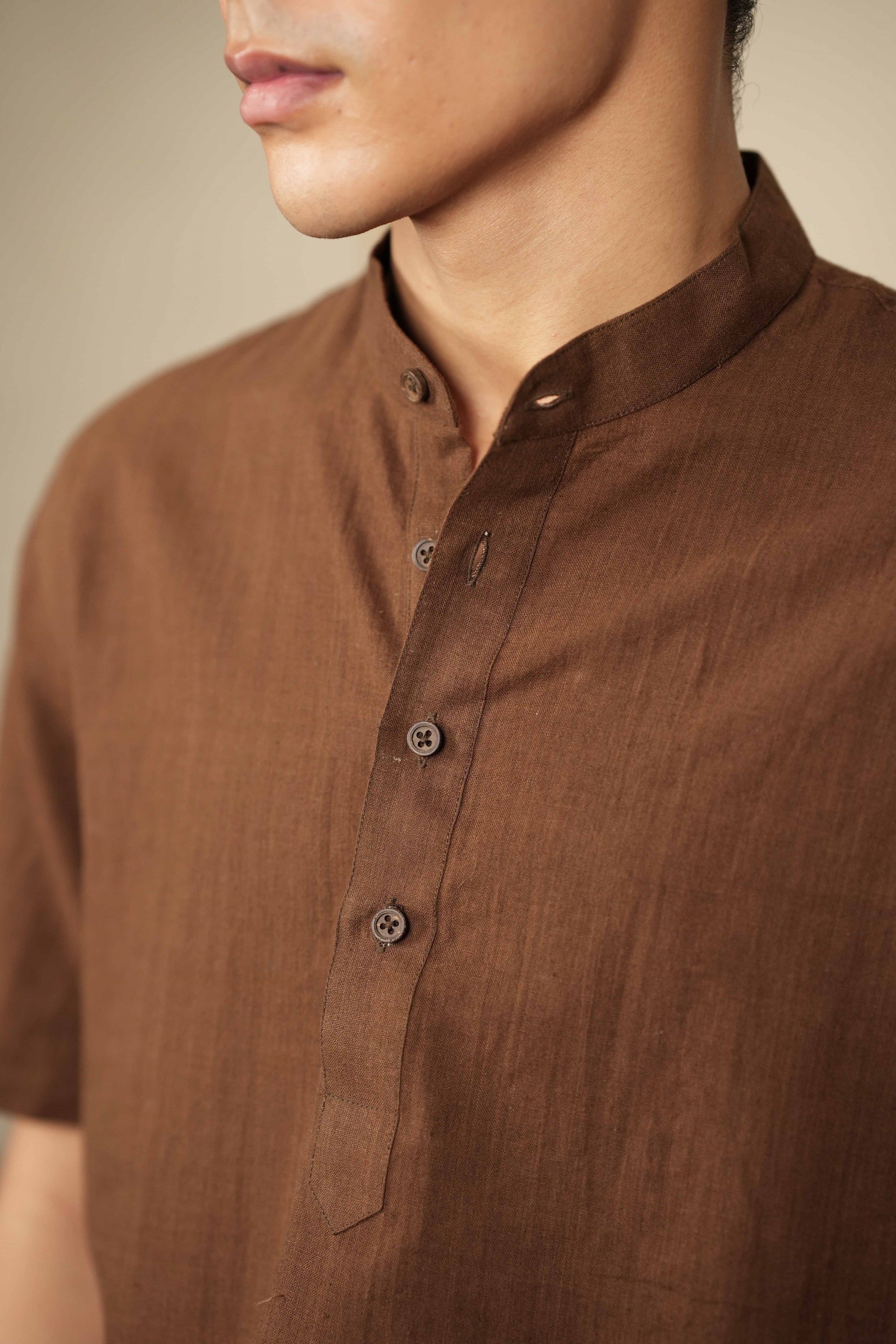 Earth Hue – Handwoven Brown Mandarin Collar Cotton Shirt