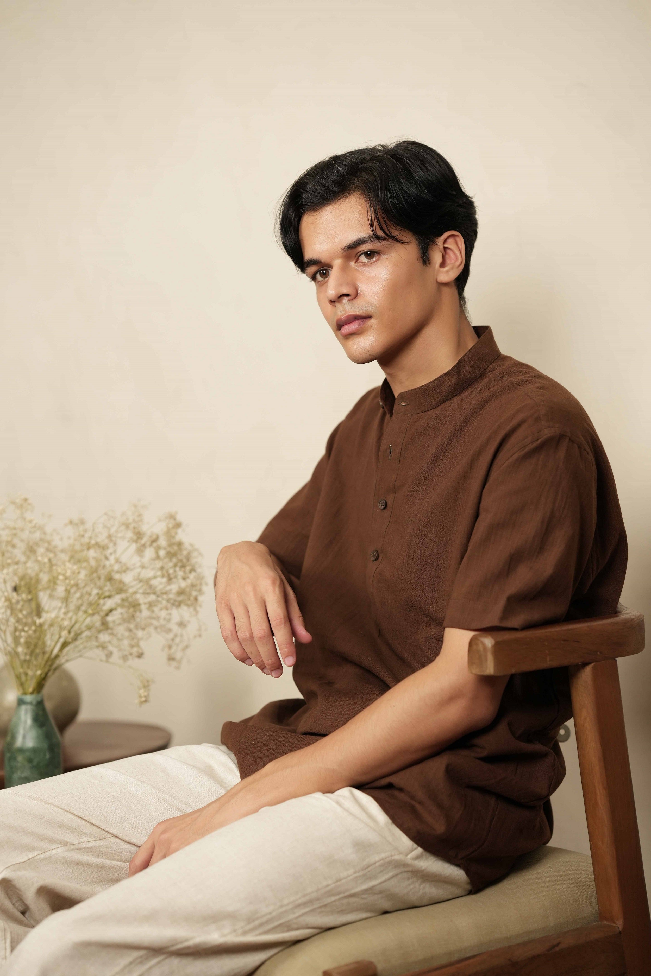 Earth Hue – Handwoven Brown Mandarin Collar Cotton Shirt