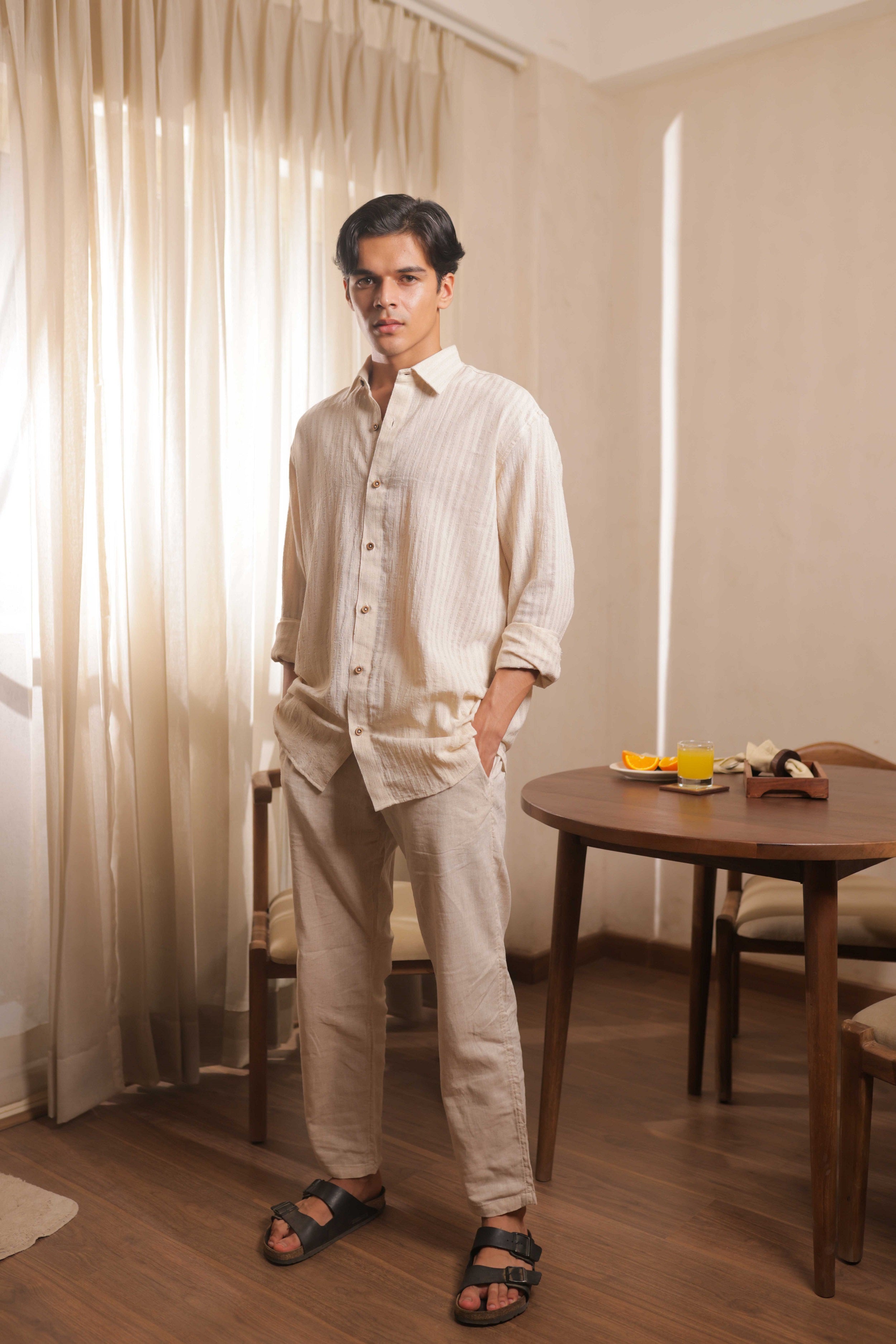 Ivory Stride – Off-White Handwoven Khadi Cotton Shirt with Subtle Stripe Weave
