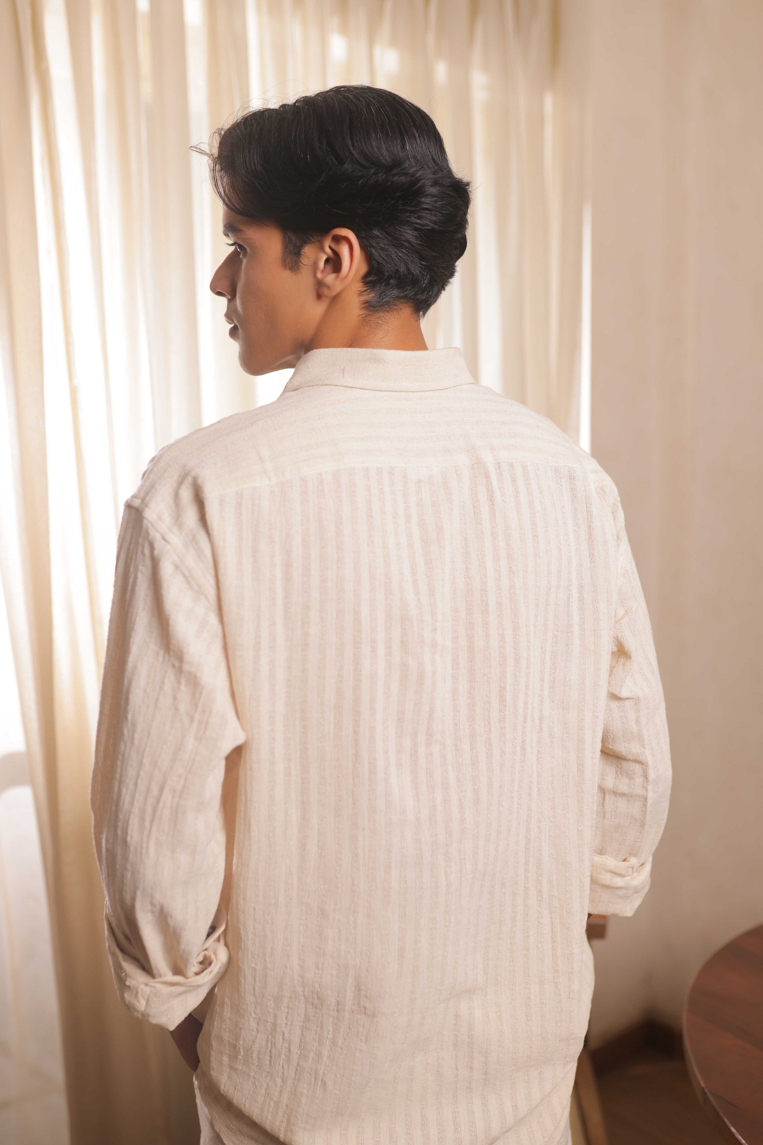 Ivory Stride – Off-White Handwoven Khadi Cotton Shirt with Subtle Stripe Weave