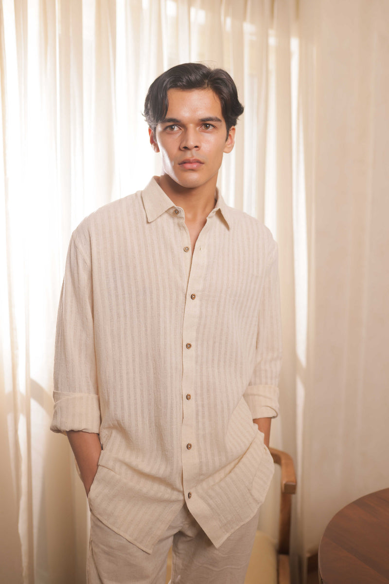 Ivory Stride – Off-White Handwoven Khadi Cotton Shirt with Subtle Stripe Weave