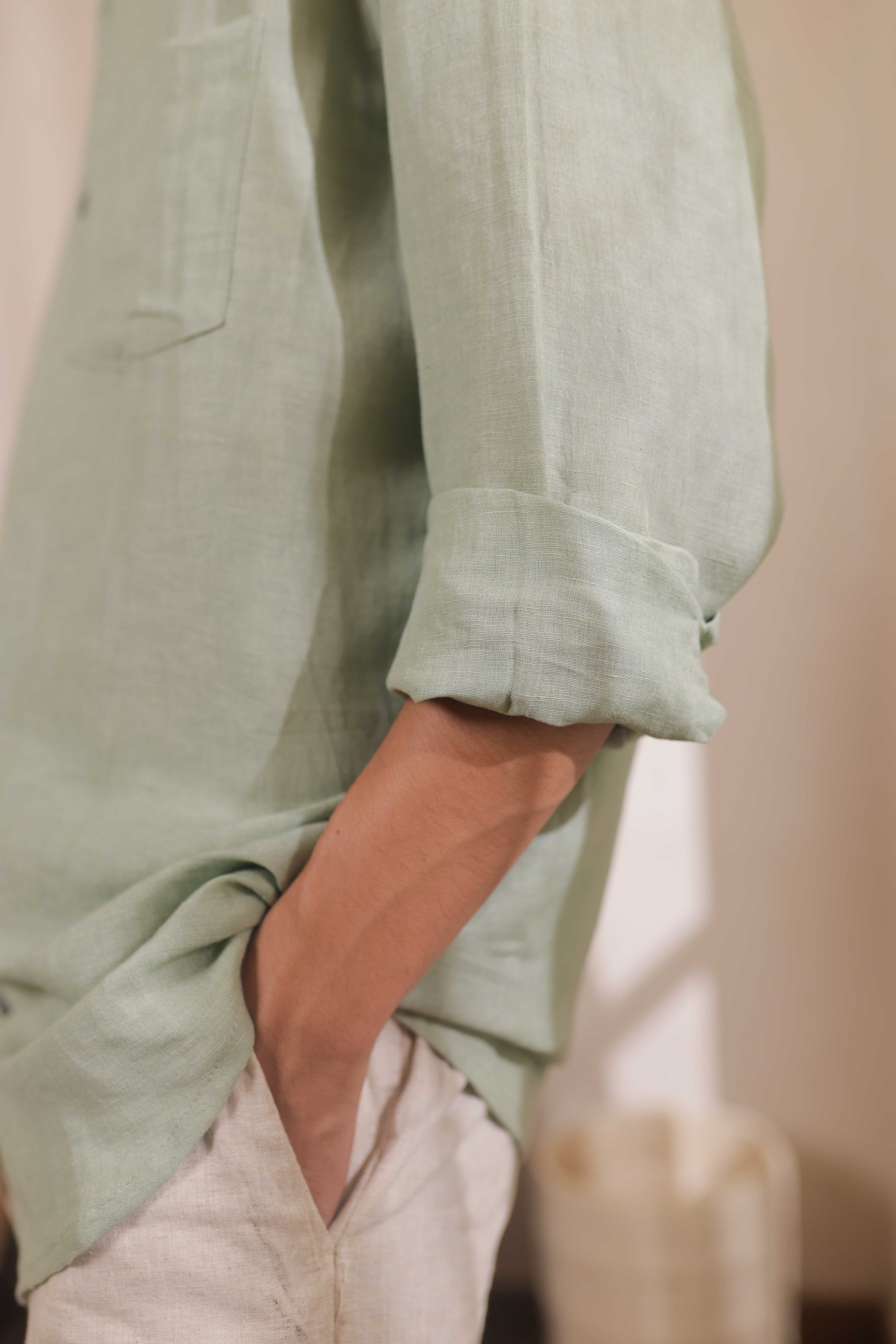 Meadow Mist, Green Handwoven Linen-Cotton Shirt for Men