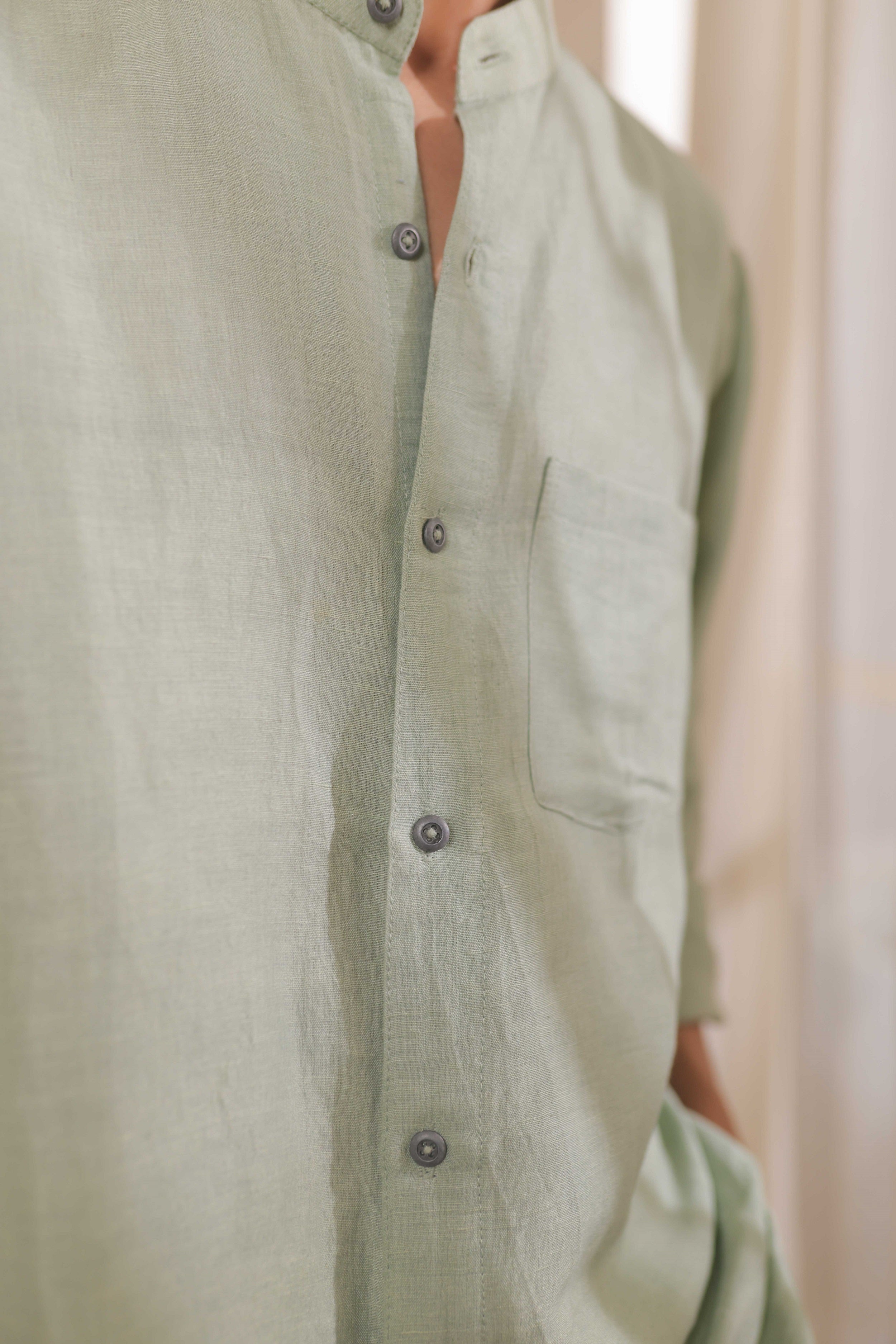 Meadow Mist, Green Handwoven Linen-Cotton Shirt for Men
