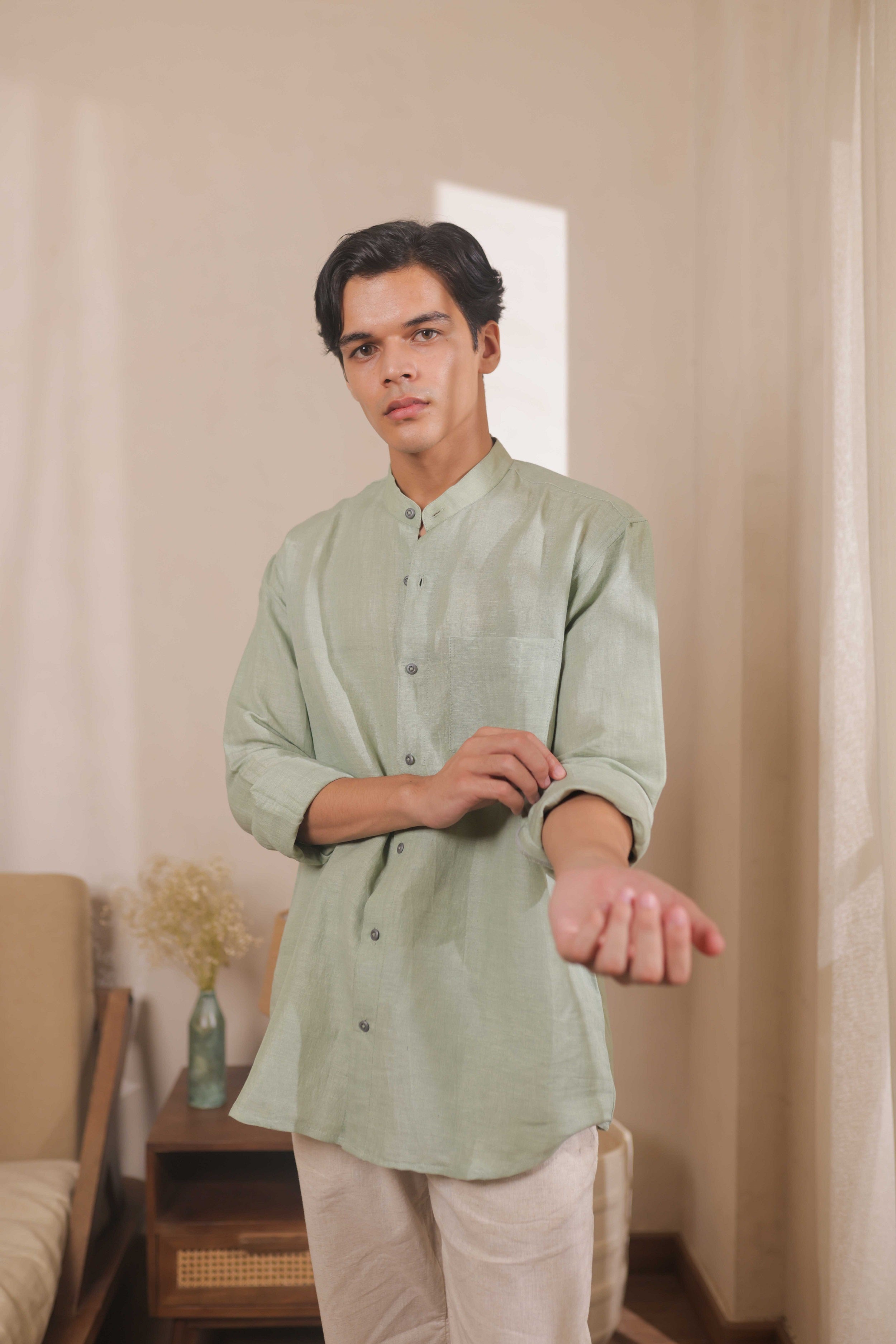 Meadow Mist, Green Handwoven Linen-Cotton Shirt for Men