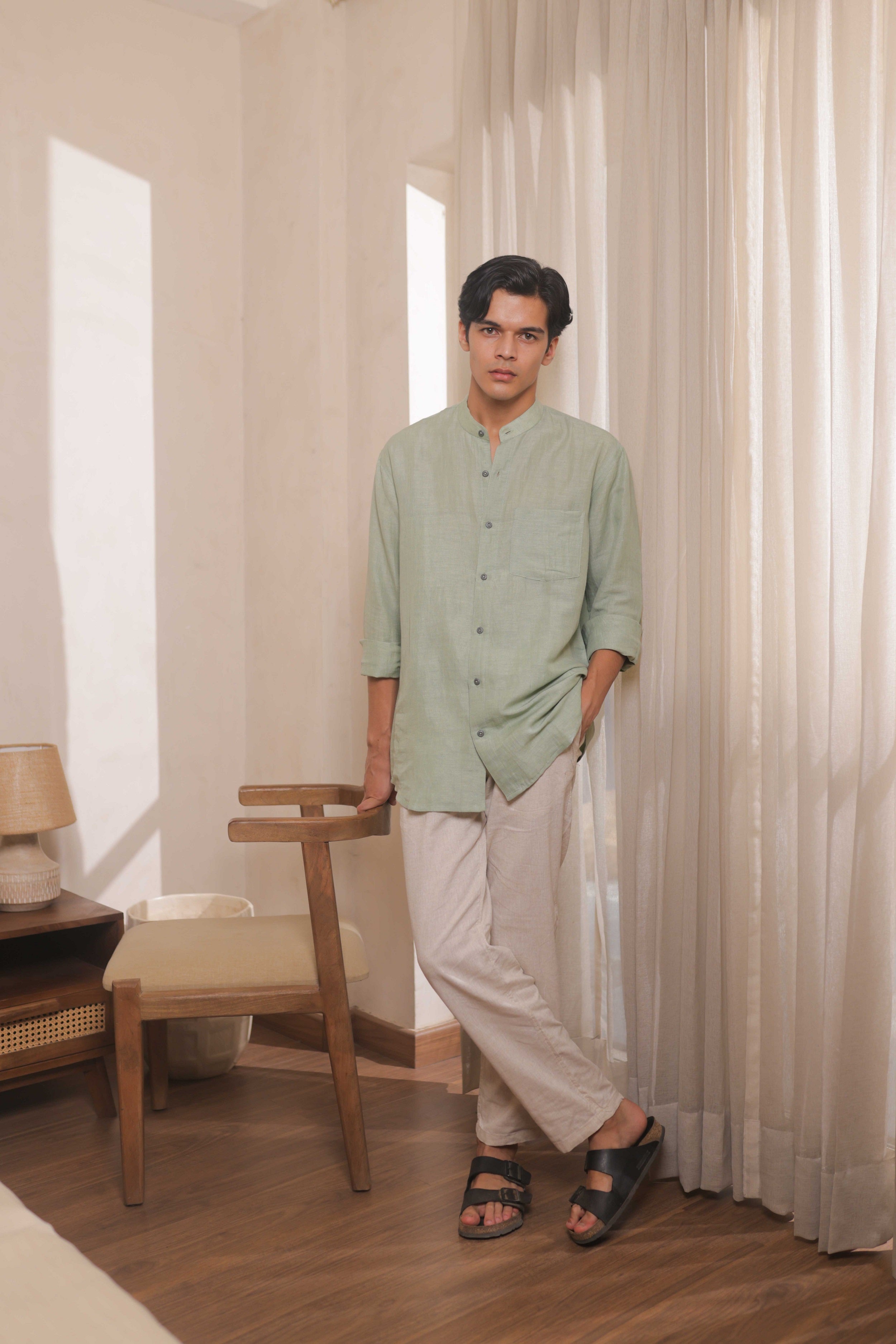 Meadow Mist, Green Handwoven Linen-Cotton Shirt for Men