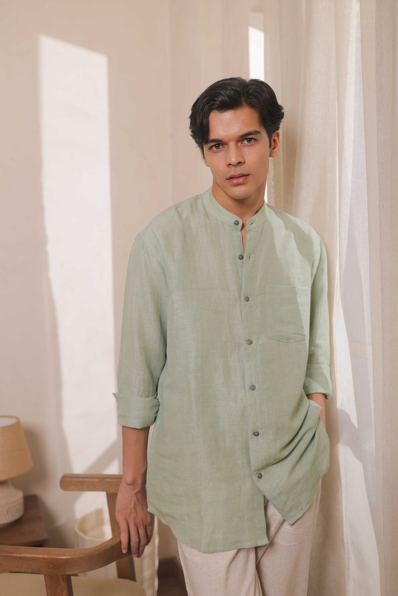 Meadow Mist, Green Handwoven Linen-Cotton Shirt for Men