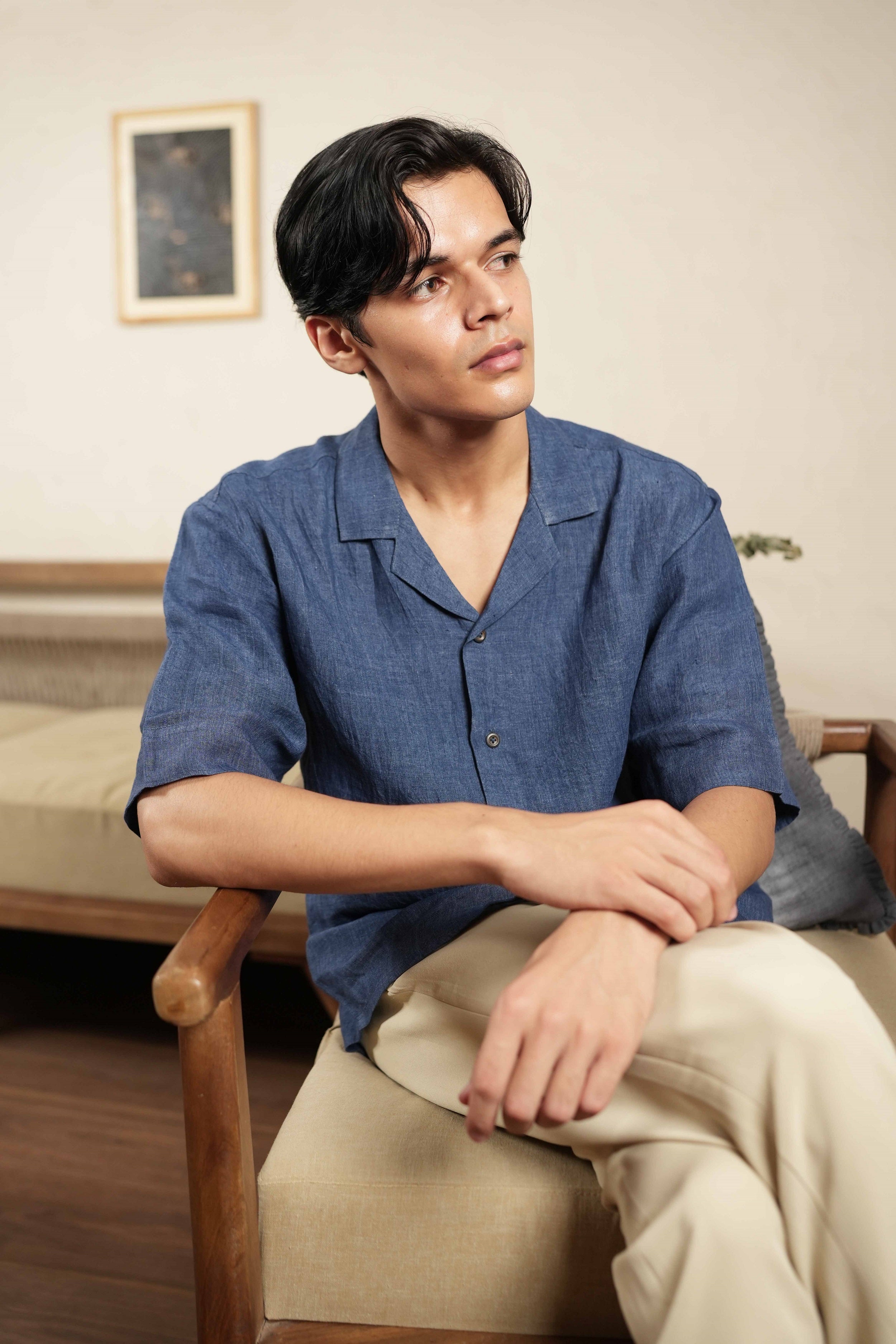 Azure Ease – Handwoven Blue Linen Cuban Collar Shirt