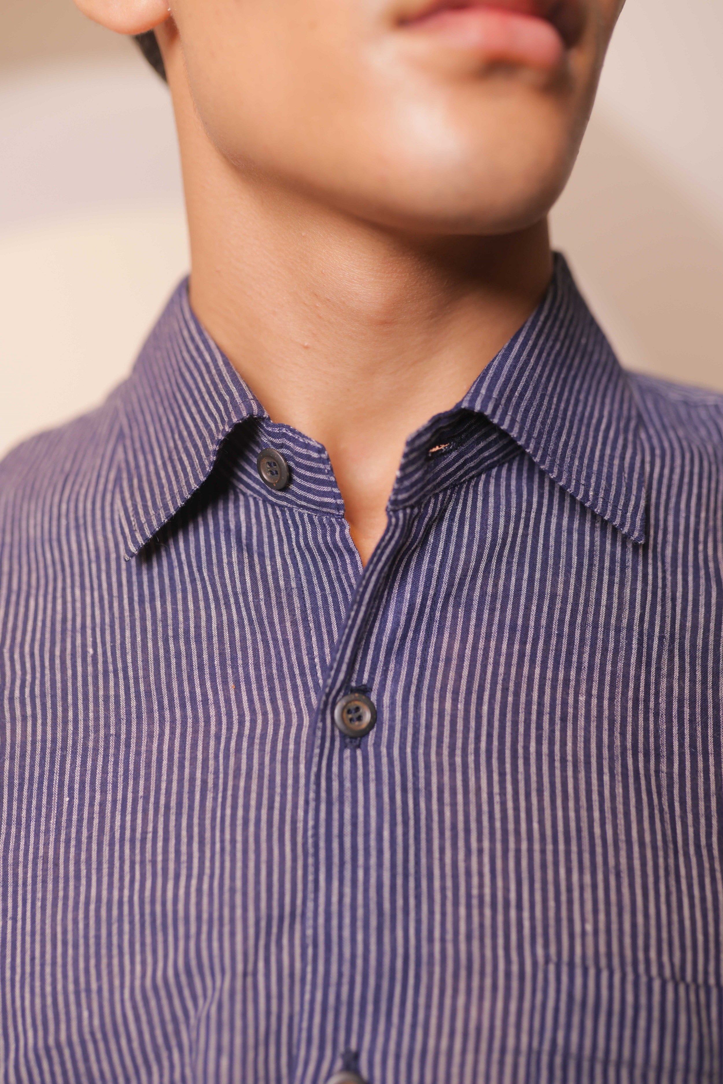 Indigo Dusk, Handwoven Dark Blue Cotton Shirt with Subtle Stripes