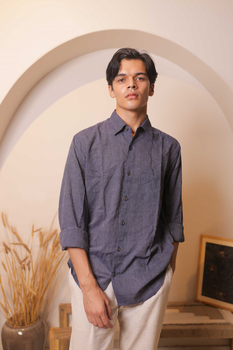 Indigo Dusk, Handwoven Dark Blue Cotton Shirt with Subtle Stripes