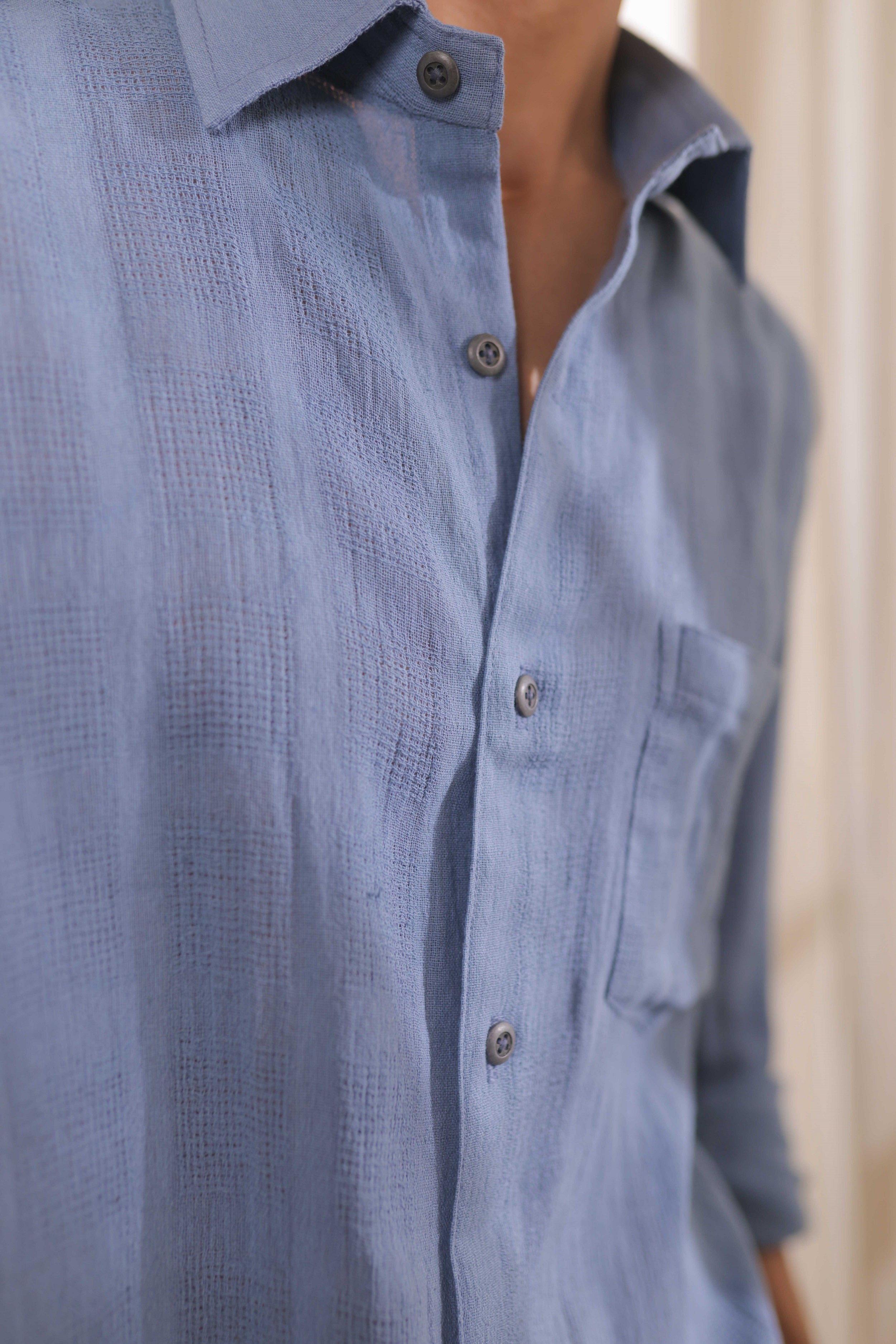 Skylane – Blue Handwoven Cotton Shirt in Mock Leno Weave