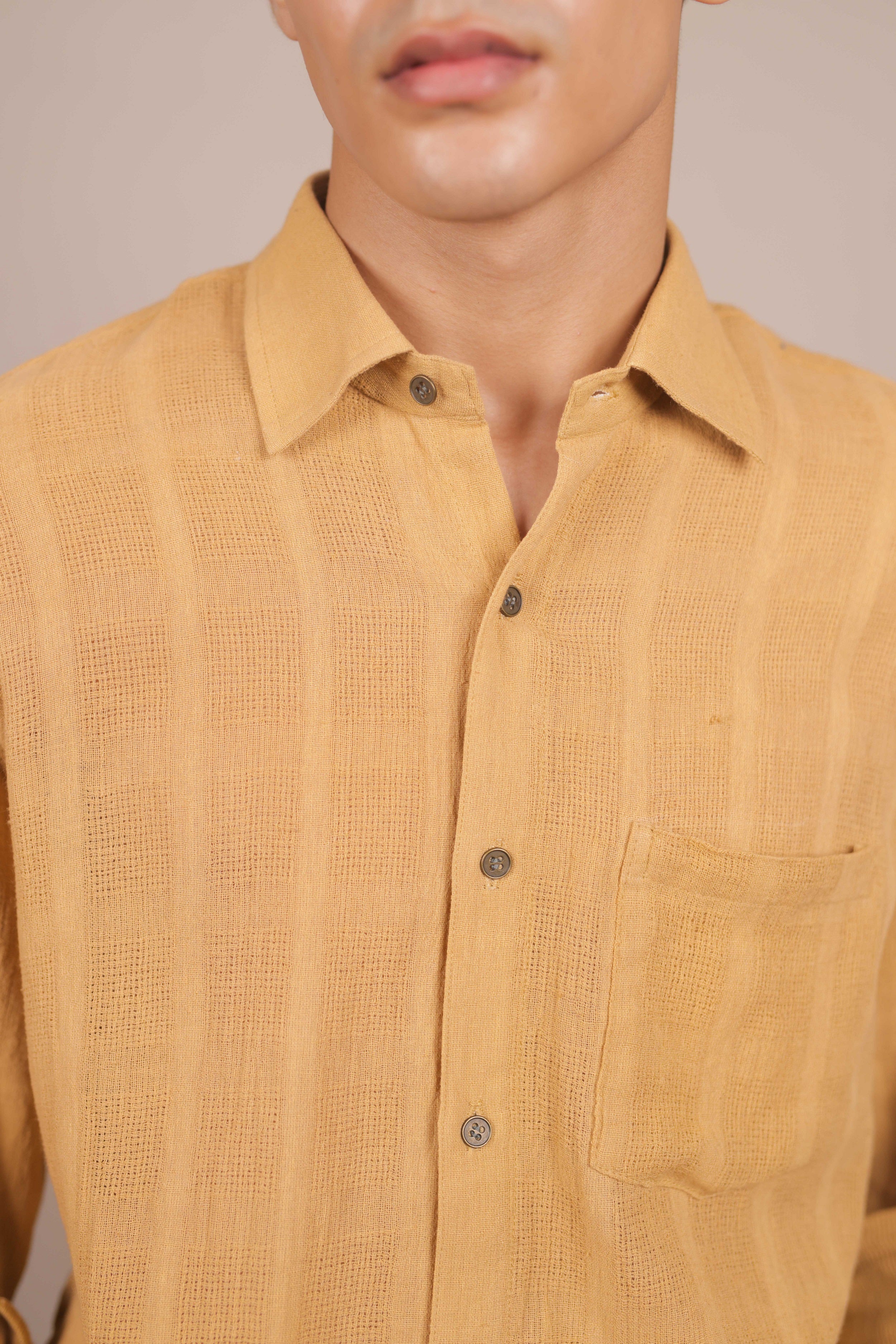 Amberhue – Mustard Handwoven Cotton Shirt in Mock Leno Weave