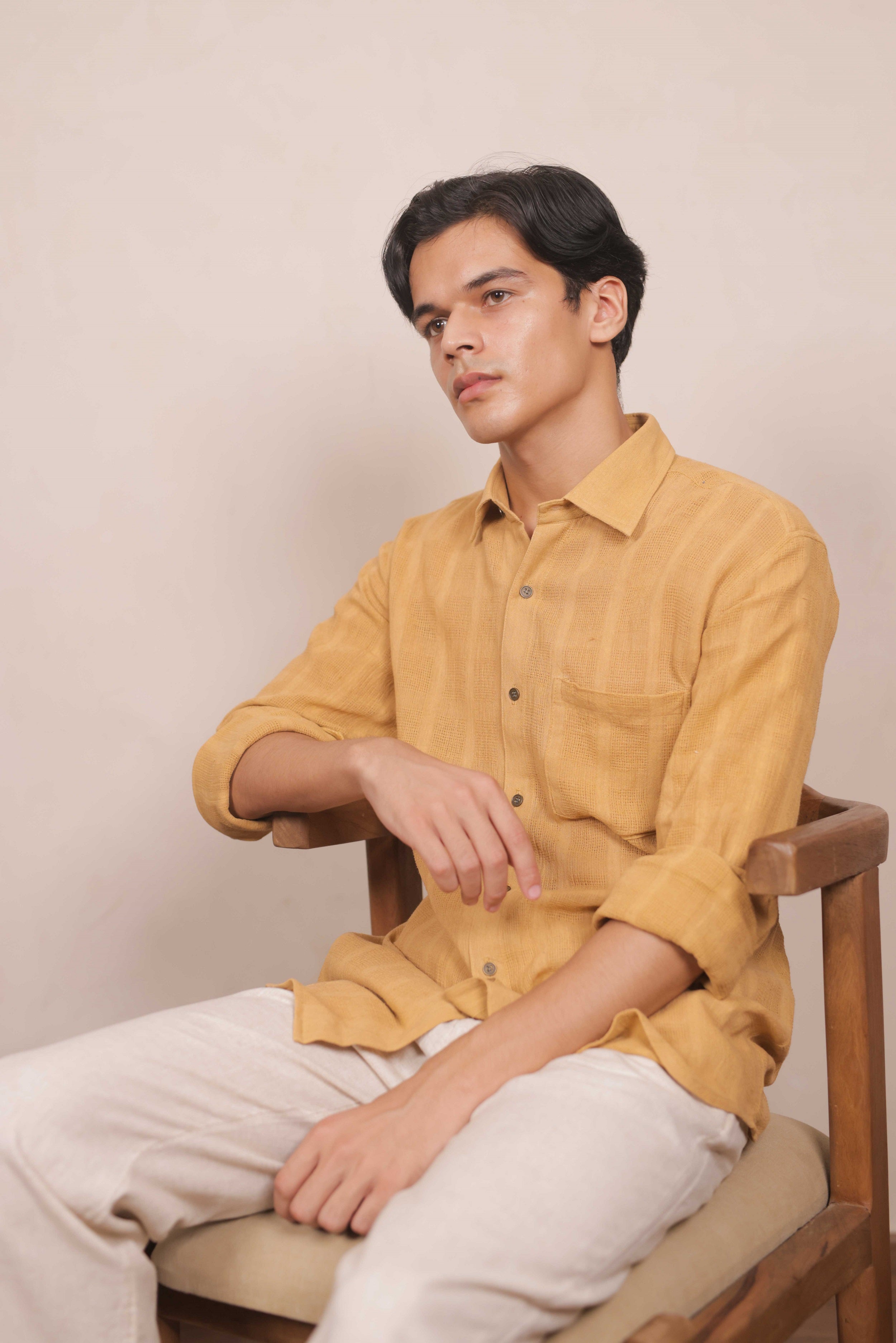 Amberhue – Mustard Handwoven Cotton Shirt in Mock Leno Weave