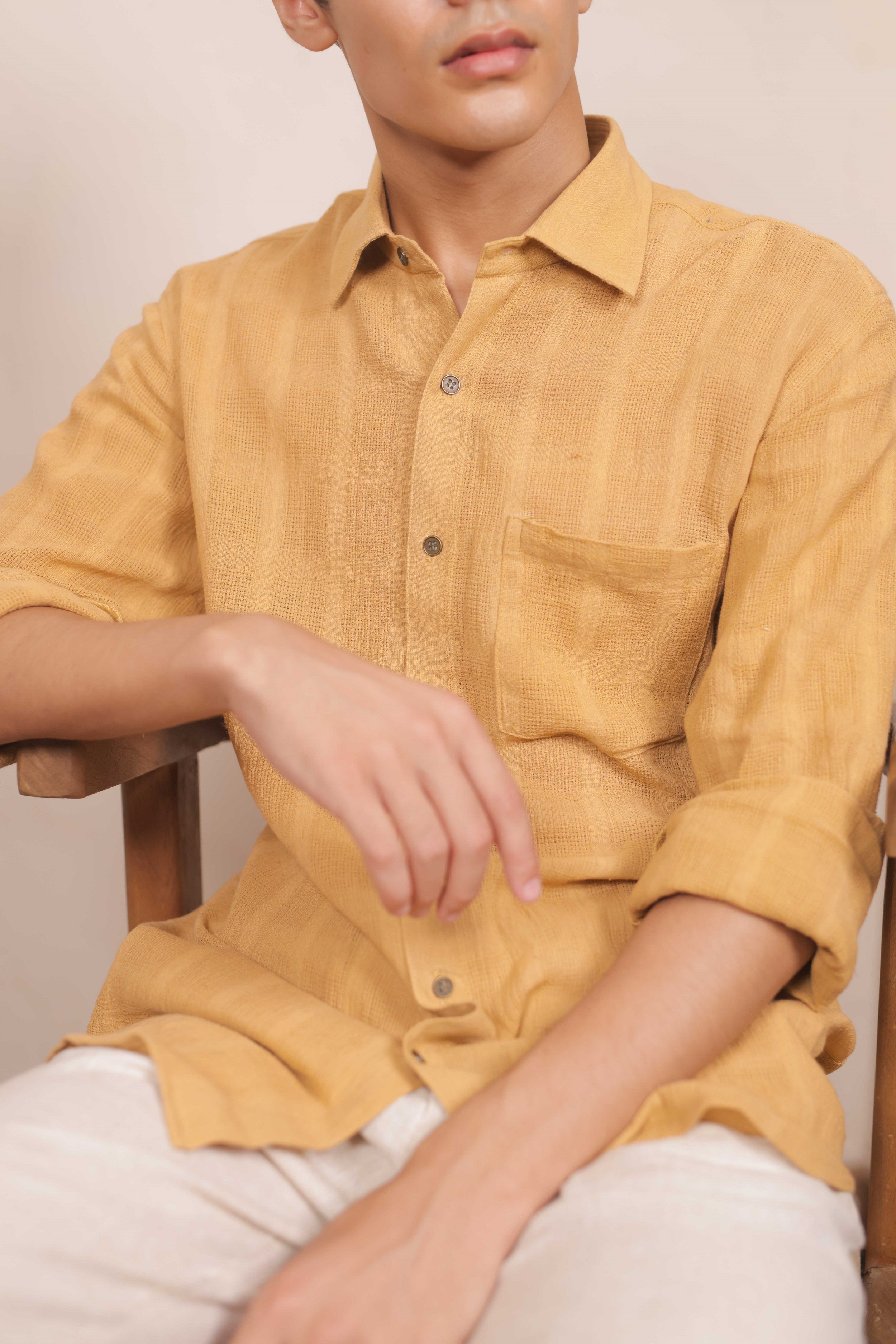 Amberhue – Mustard Handwoven Cotton Shirt in Mock Leno Weave