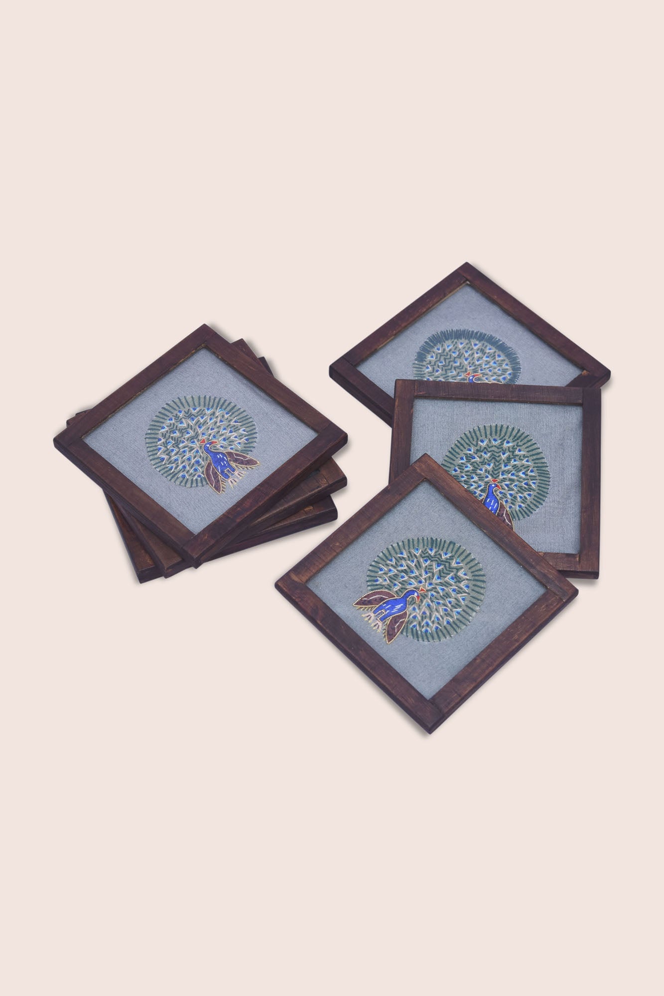 Dancing Peacock Handwoven Coasters - Set Of 2 Pcs with Coaster Holder