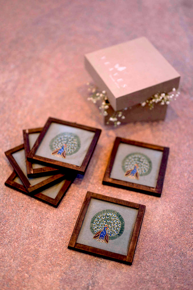 Dancing Peacock Handwoven Coasters - Set Of 2 Pcs with Coaster Holder