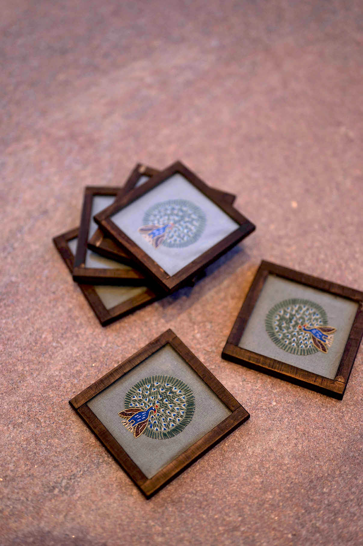 Dancing Peacock Handwoven Coasters - Set Of 2 Pcs with Coaster Holder