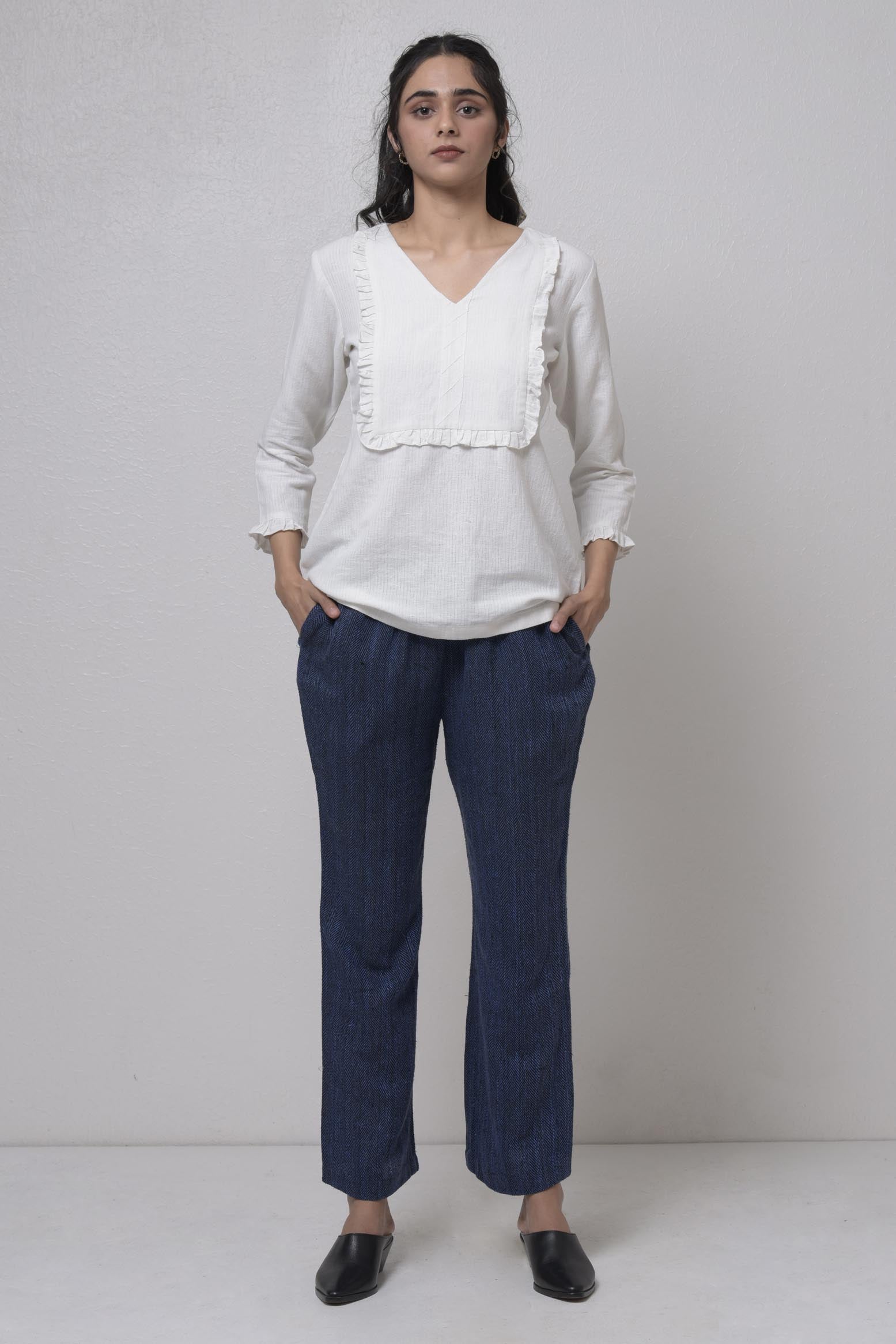 V- Neck Full Sleeves With Gathered - Top