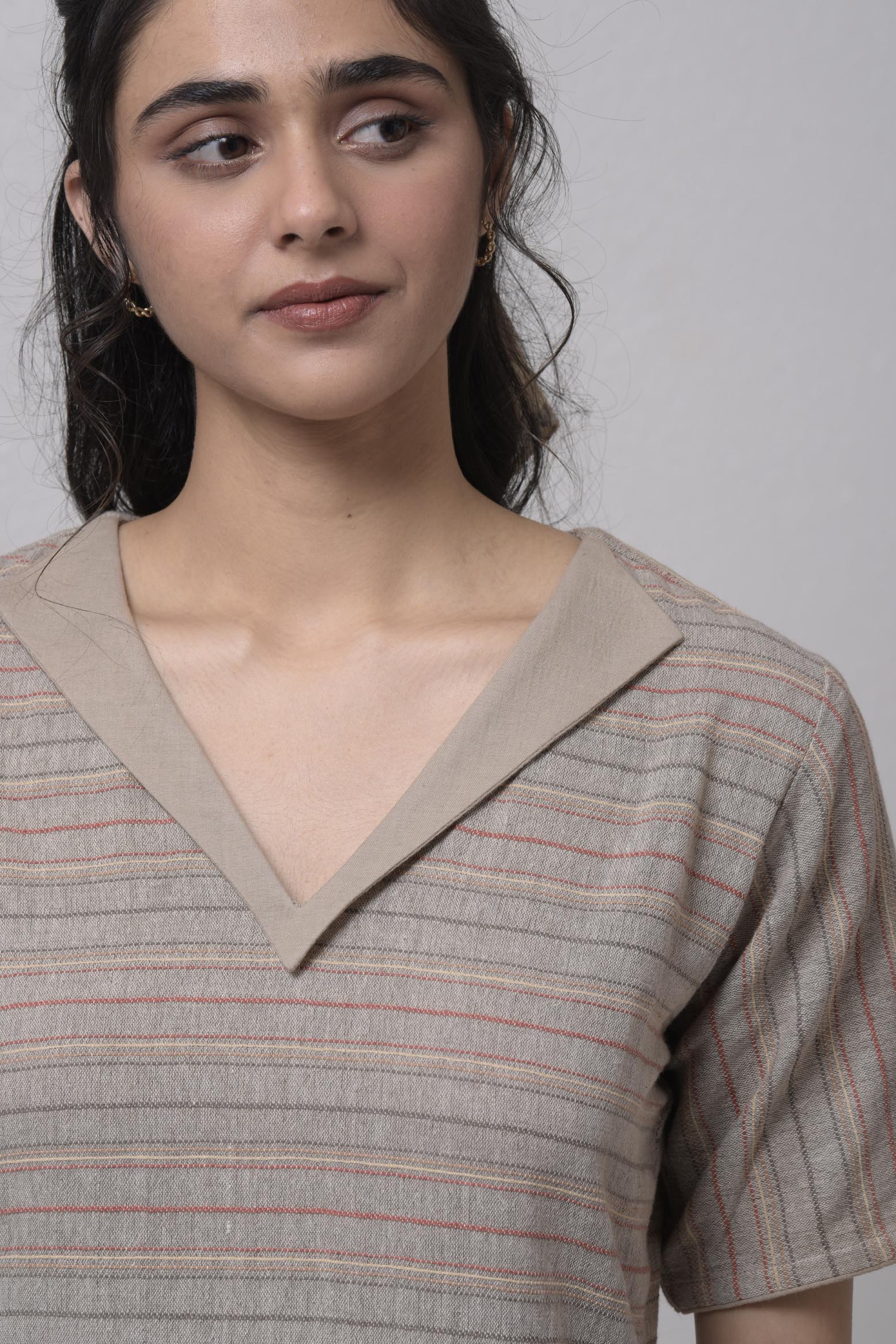 Half- Sleeve Dress With V -Neck