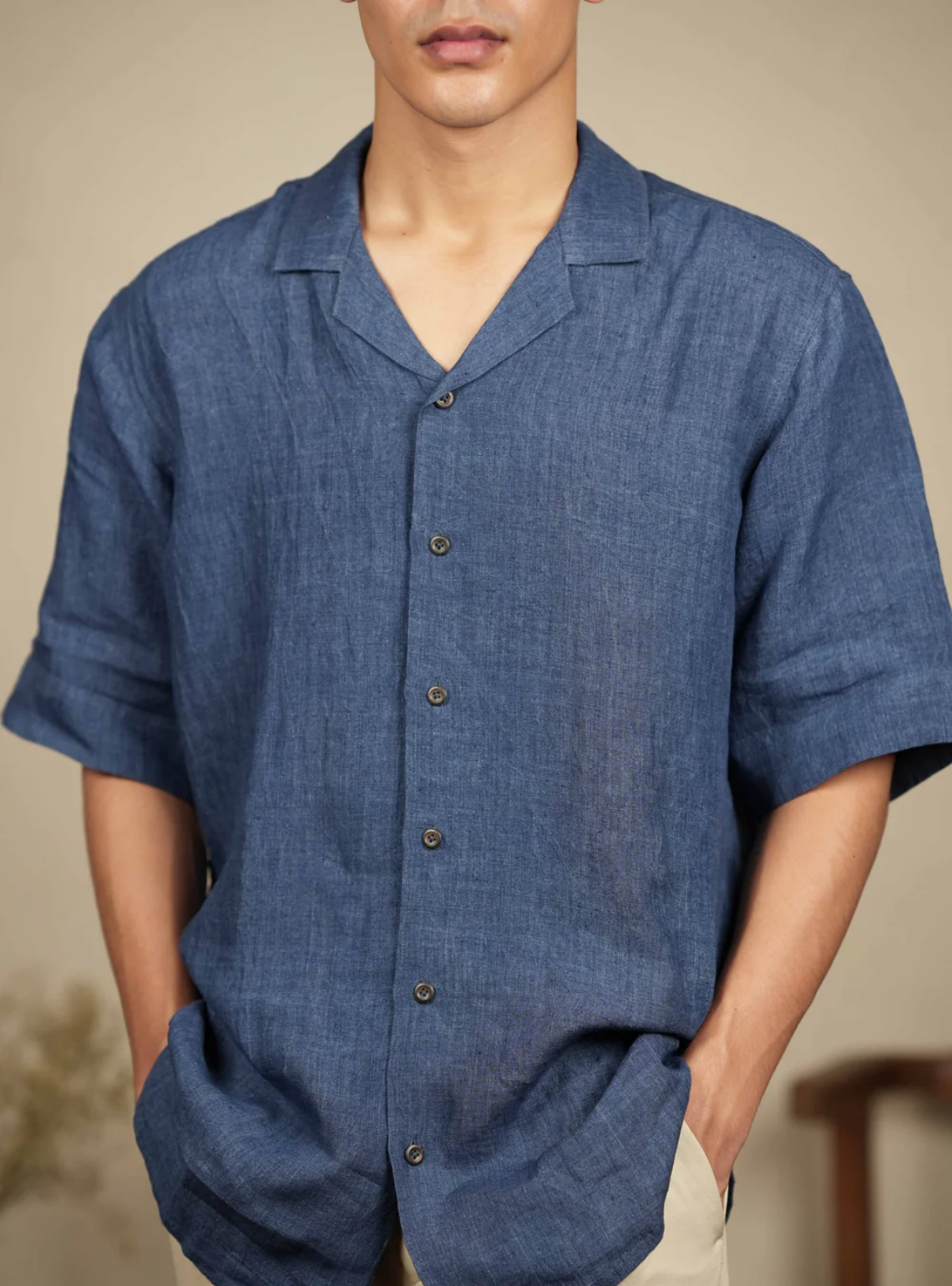 Azure Ease – Handwoven Blue 100% Linen Cuban Collar Shirt