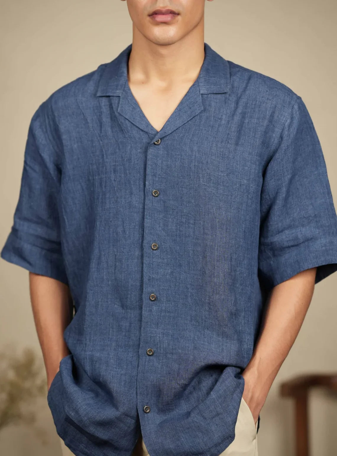 Azure Ease – Handwoven Blue 100% Linen Cuban Collar Shirt