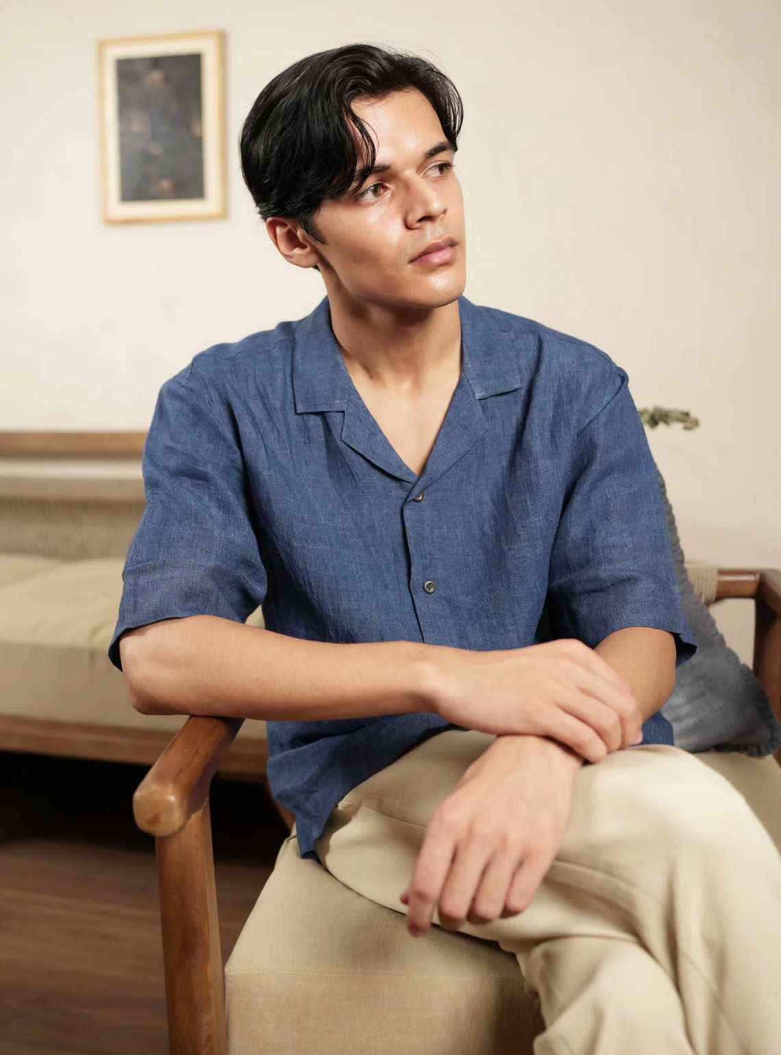 Azure Ease – Handwoven Blue 100% Linen Cuban Collar Shirt