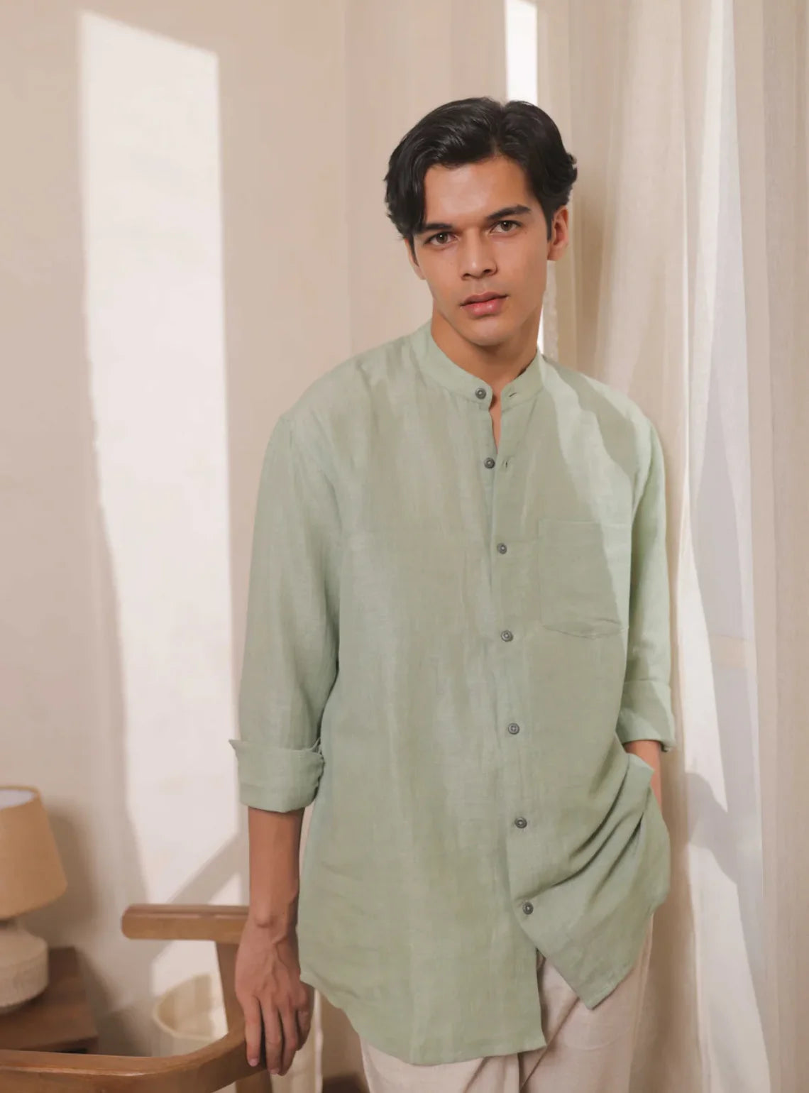 Meadow Mist, Green Handwoven Linen-Cotton Shirt for Men