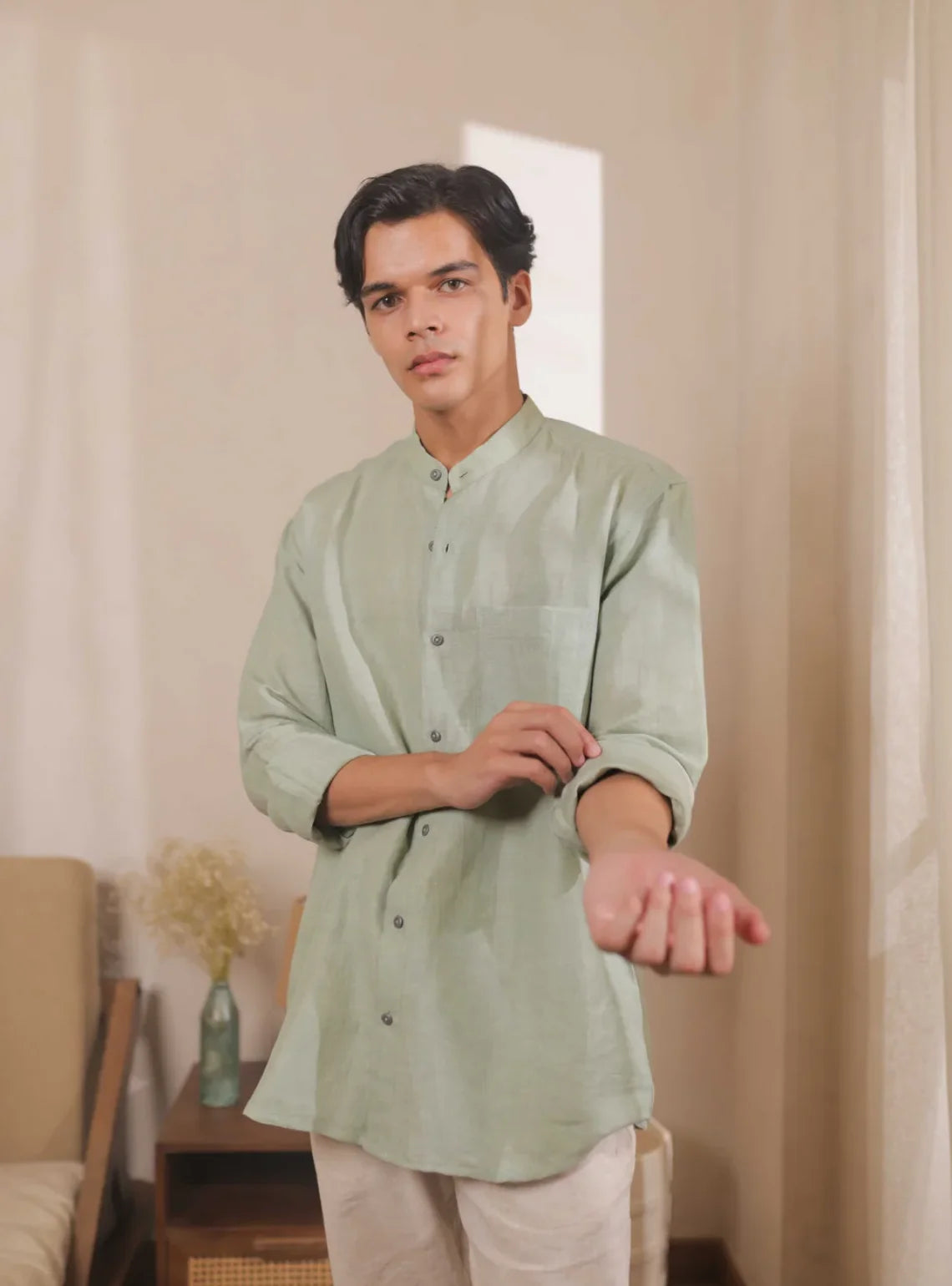 Meadow Mist, Green Handwoven Linen-Cotton Shirt for Men