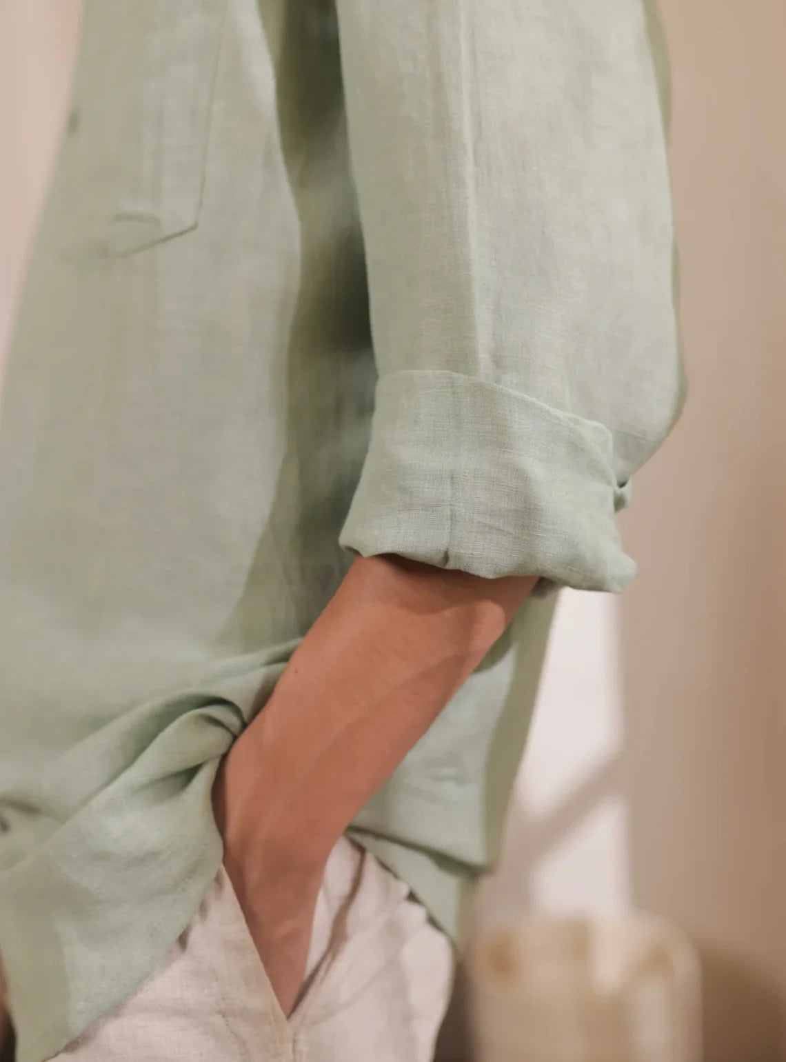 Meadow Mist, Green Handwoven Linen-Cotton Shirt for Men