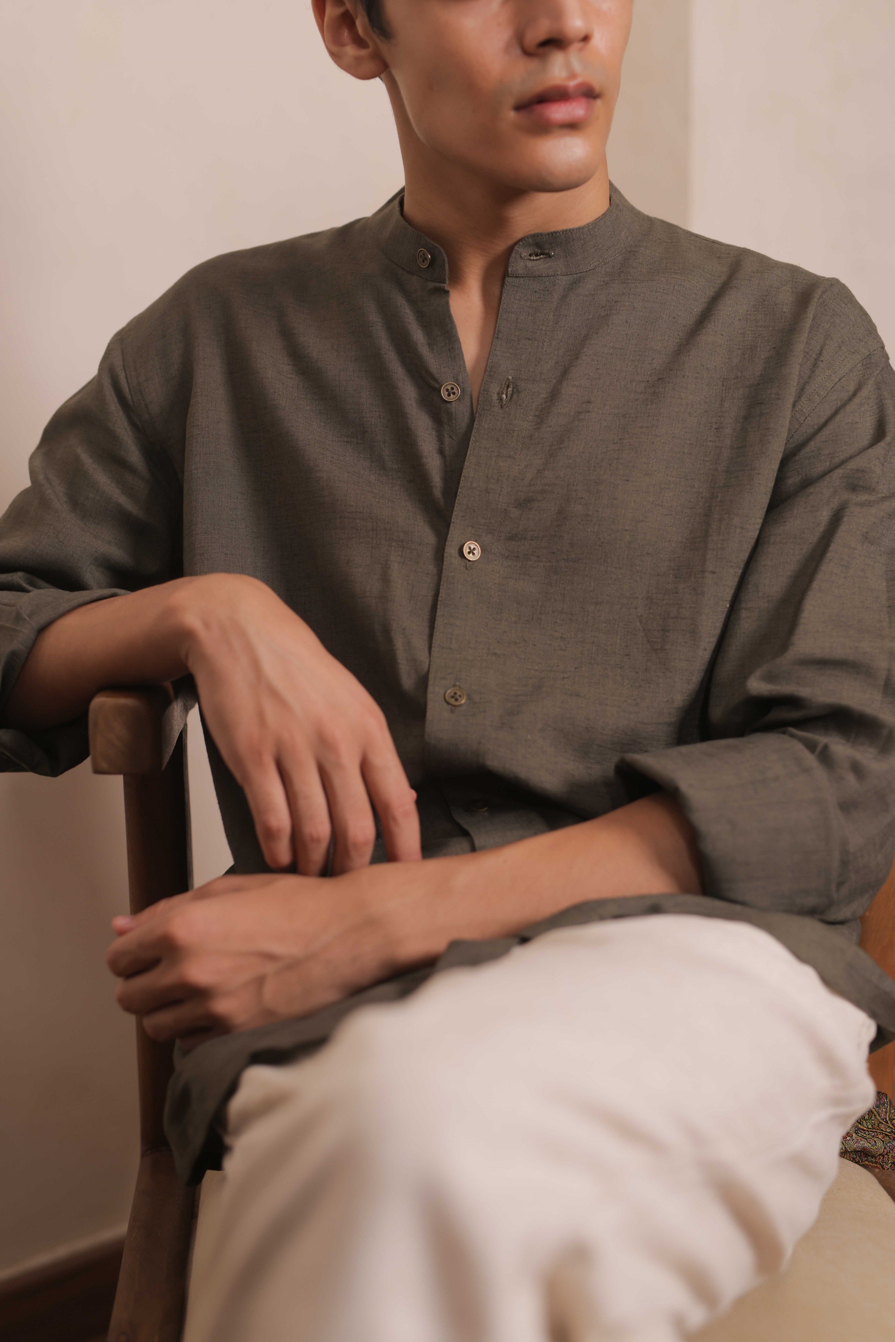 Olive Calm,  Handwoven Linen Cotton Shirt