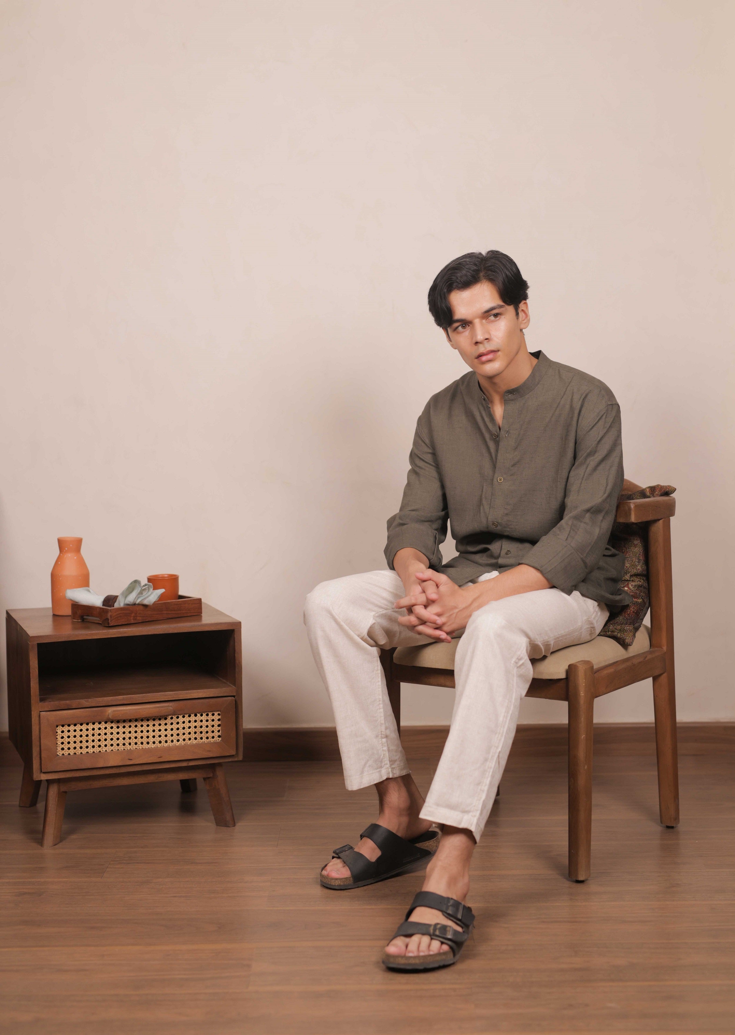 Olive Calm,  Handwoven Linen Cotton Shirt