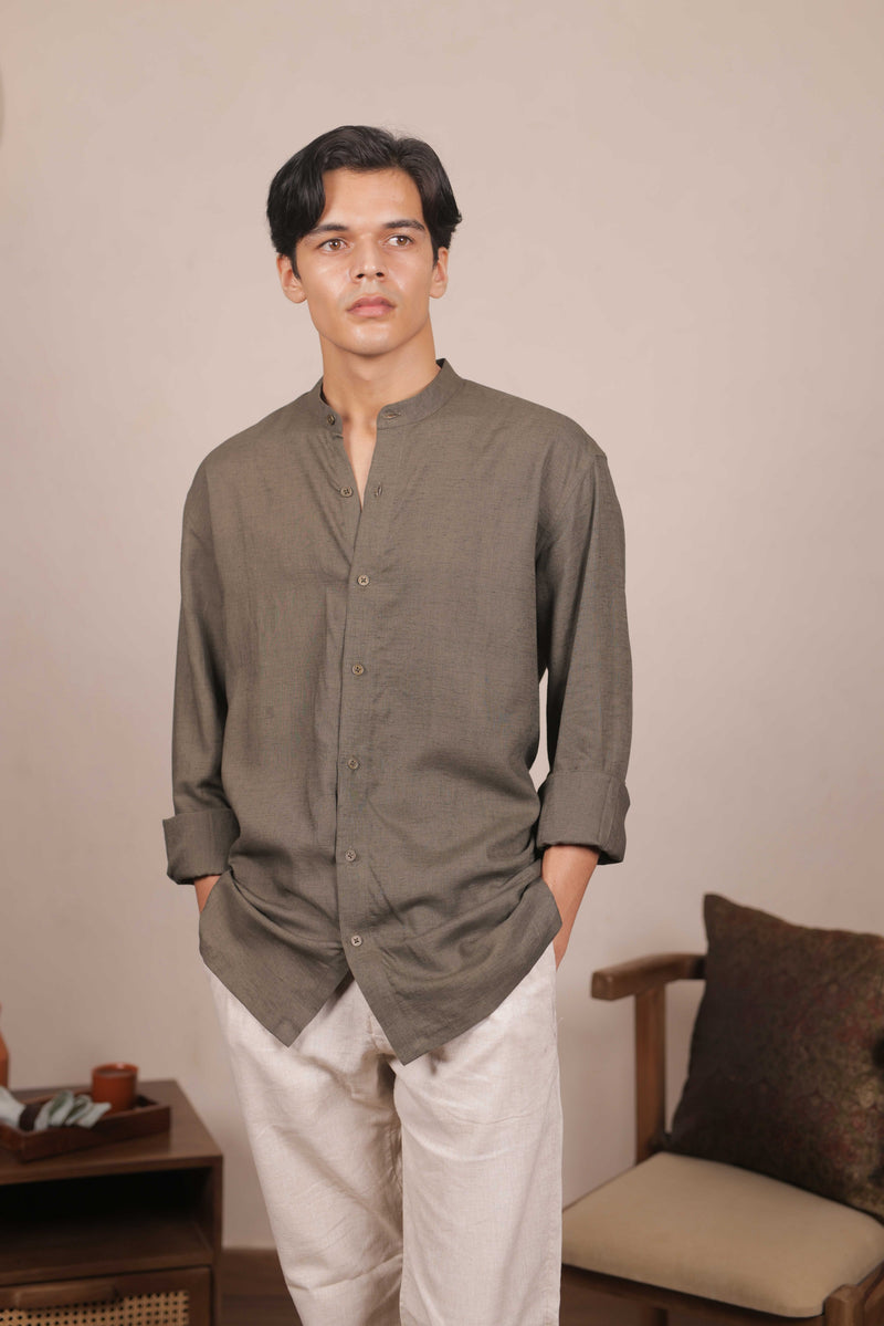 Olive Calm,  Handwoven Linen Cotton Shirt