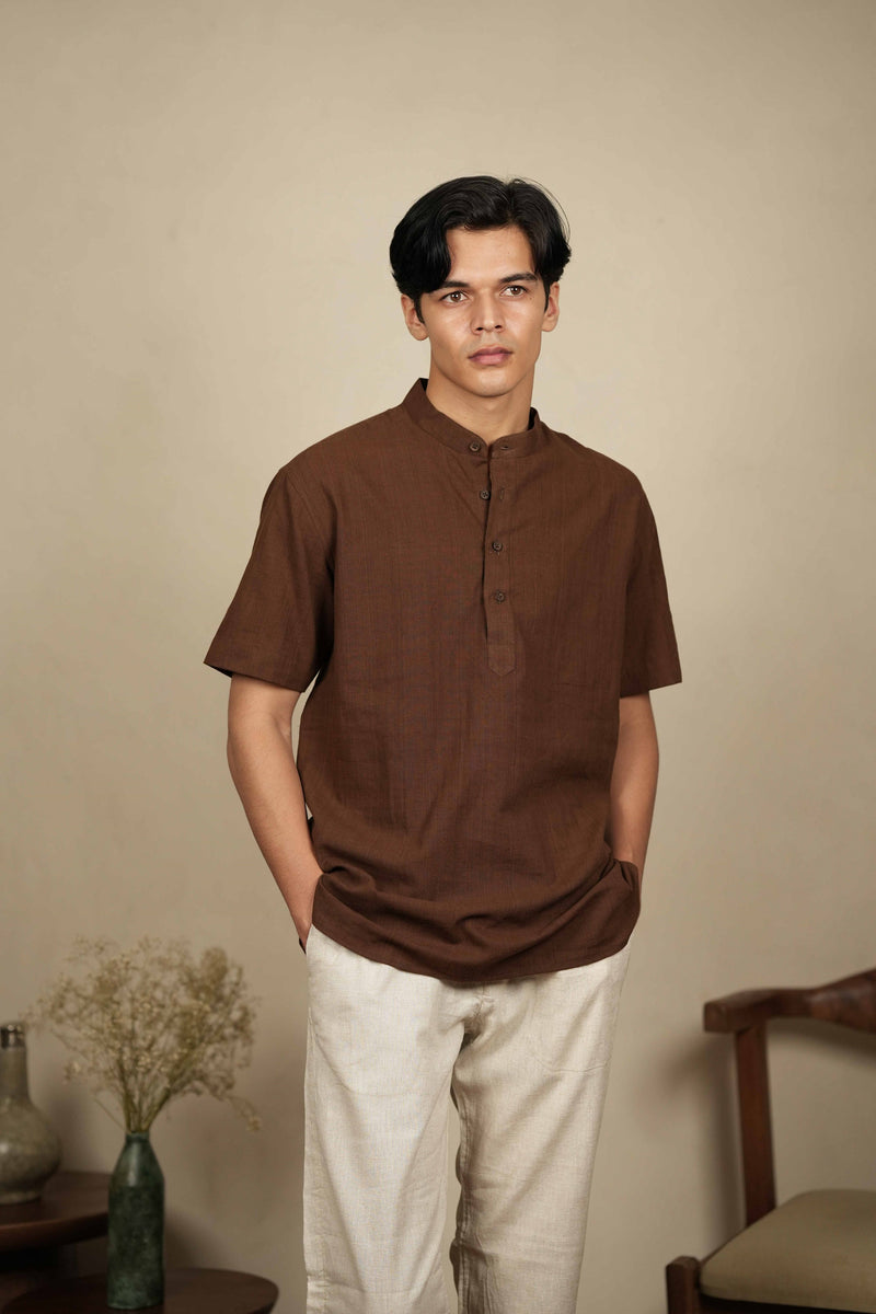 Earth Hue – Handwoven Brown Mandarin Collar Cotton Shirt