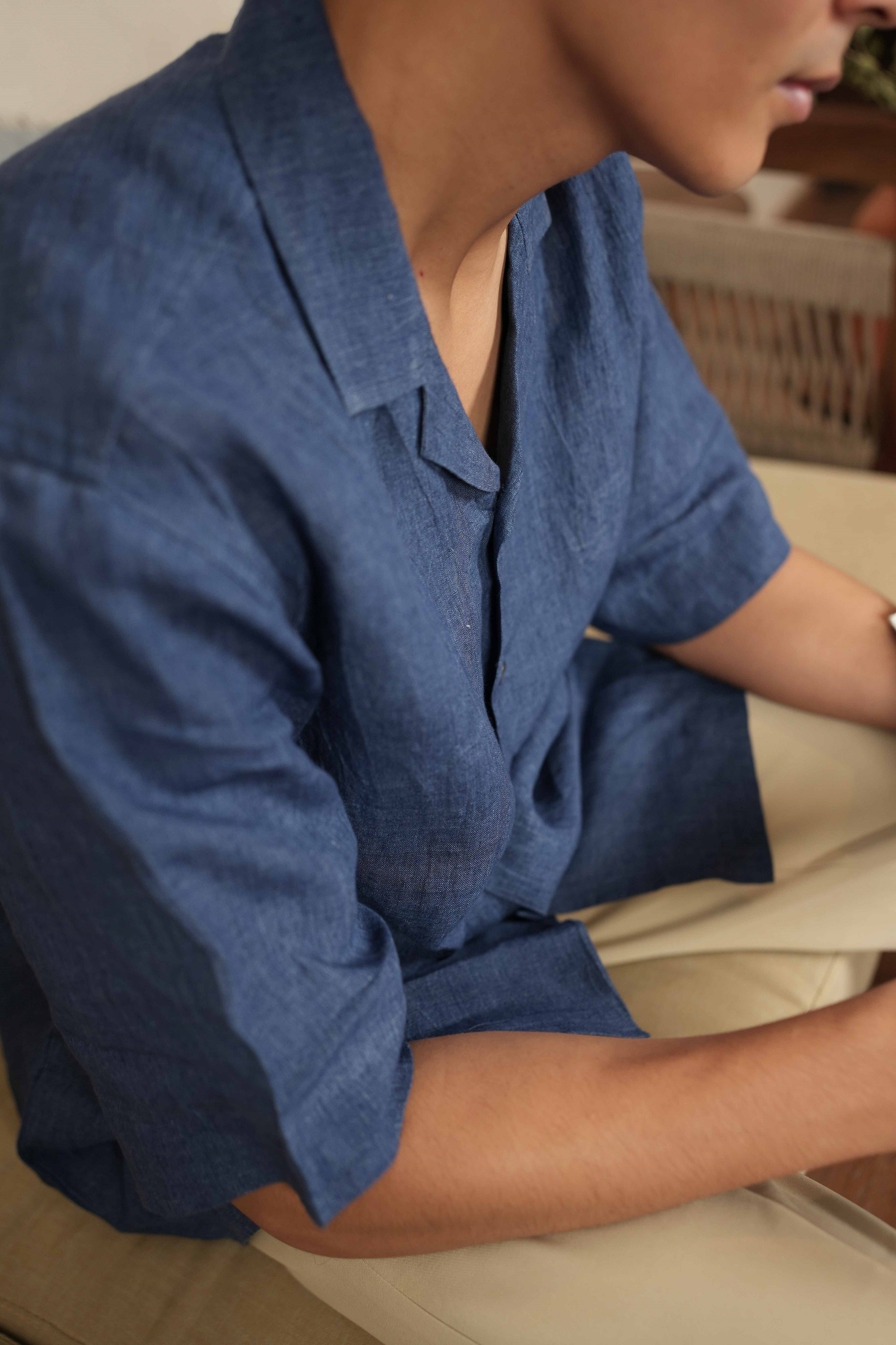Azure Ease – Handwoven Blue Linen Cuban Collar Shirt