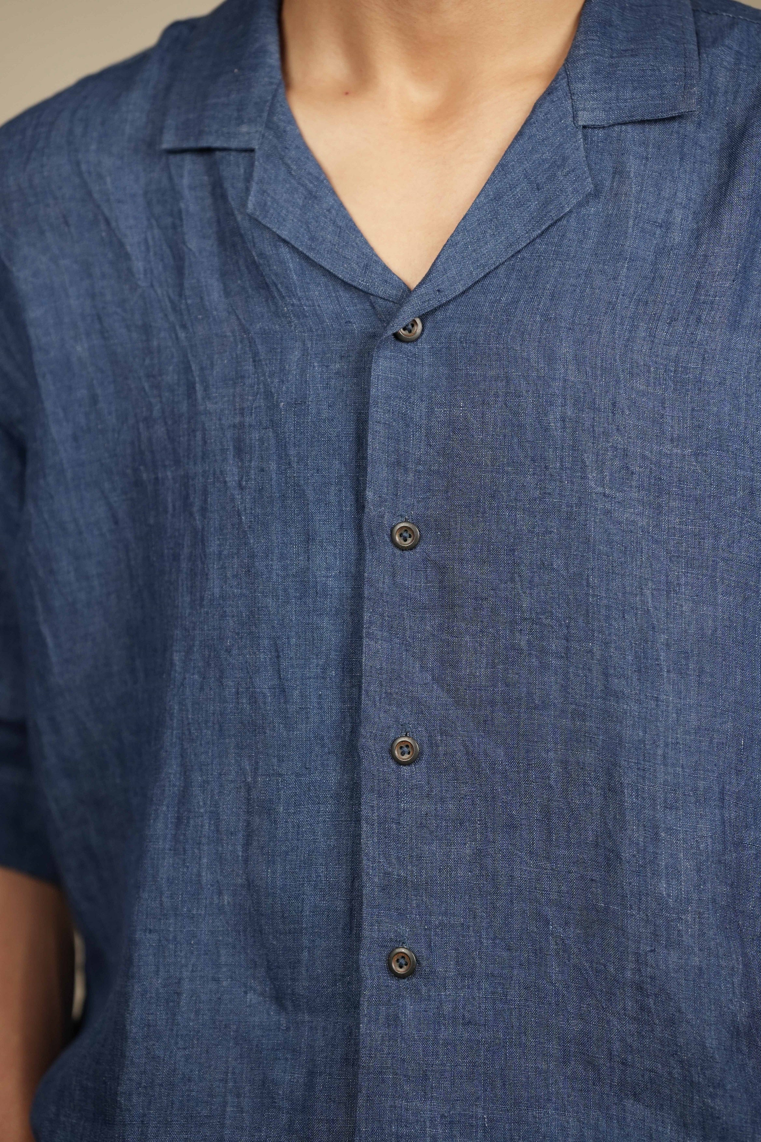 Azure Ease – Handwoven Blue Linen Cuban Collar Shirt