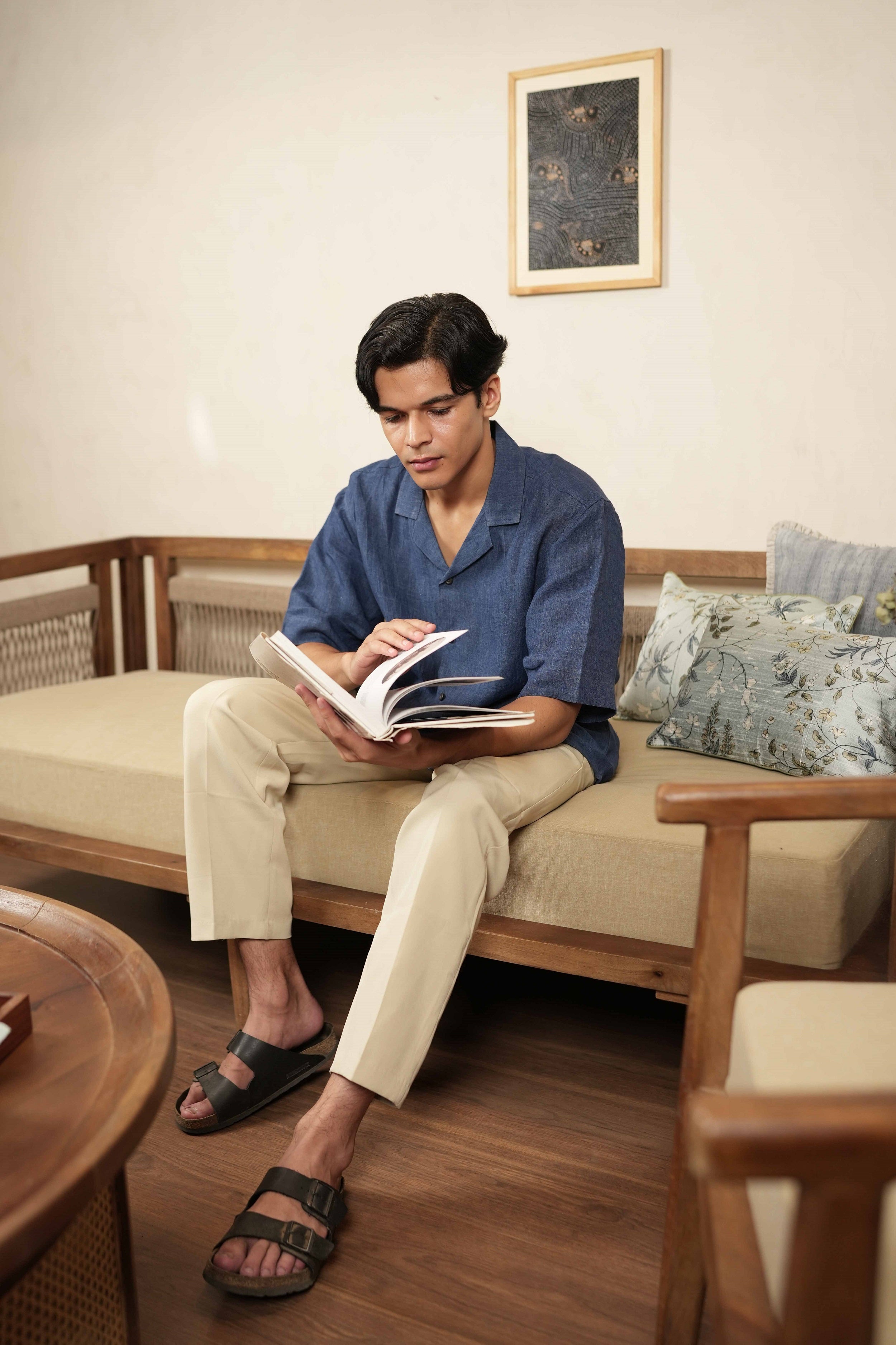 Azure Ease – Handwoven Blue Linen Cuban Collar Shirt