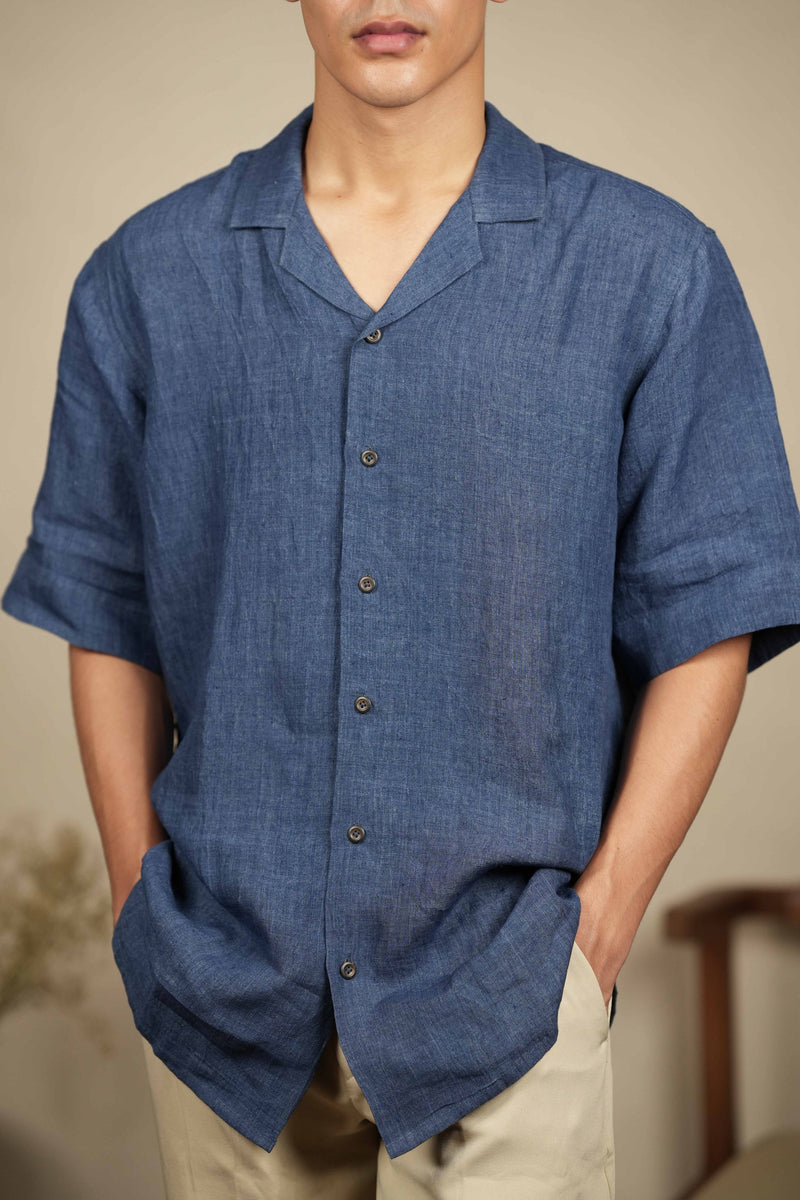 Azure Ease – Handwoven Blue 100% Linen Cuban Collar Shirt