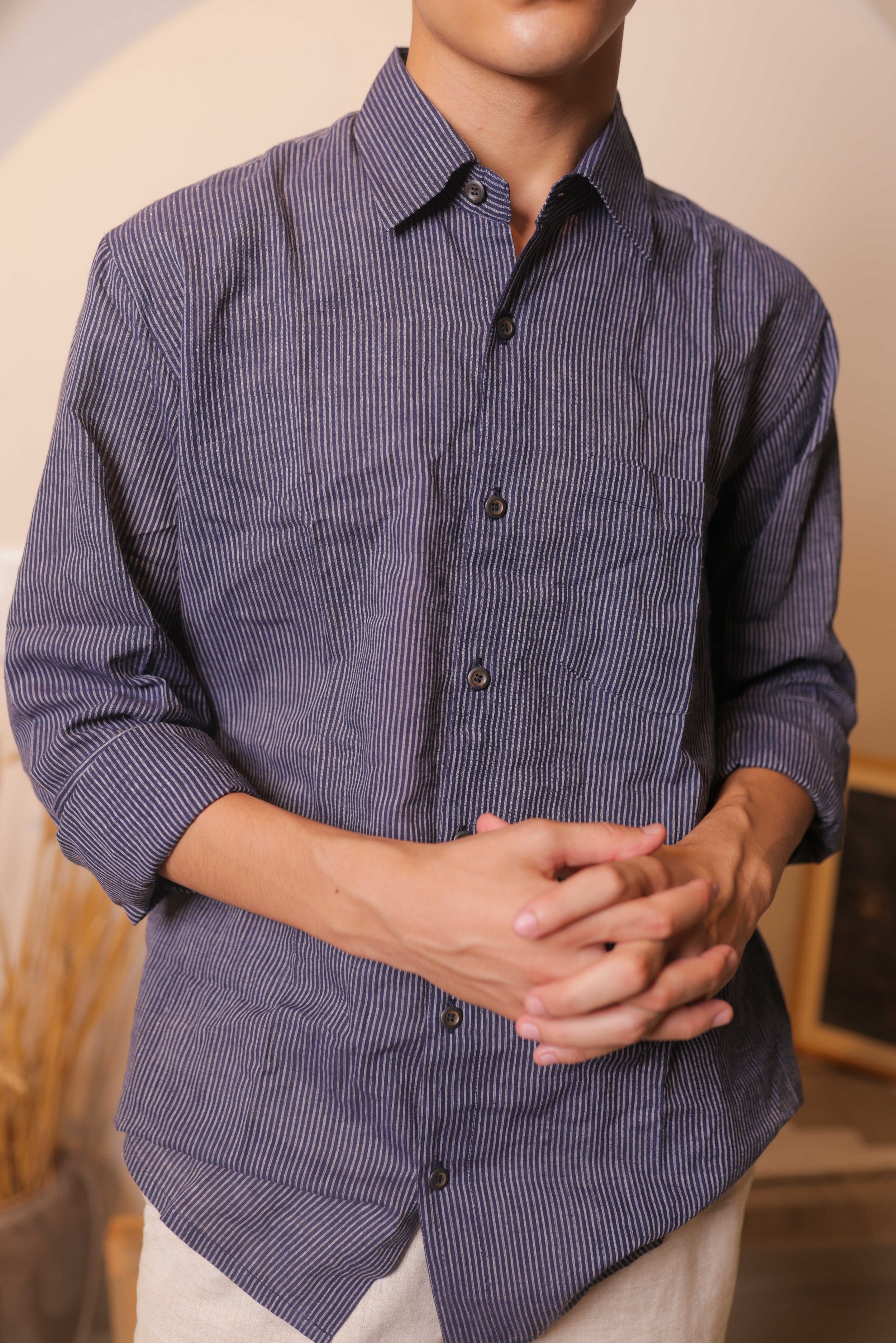 Indigo Dusk, Handwoven Dark Blue Cotton Shirt with Subtle Stripes
