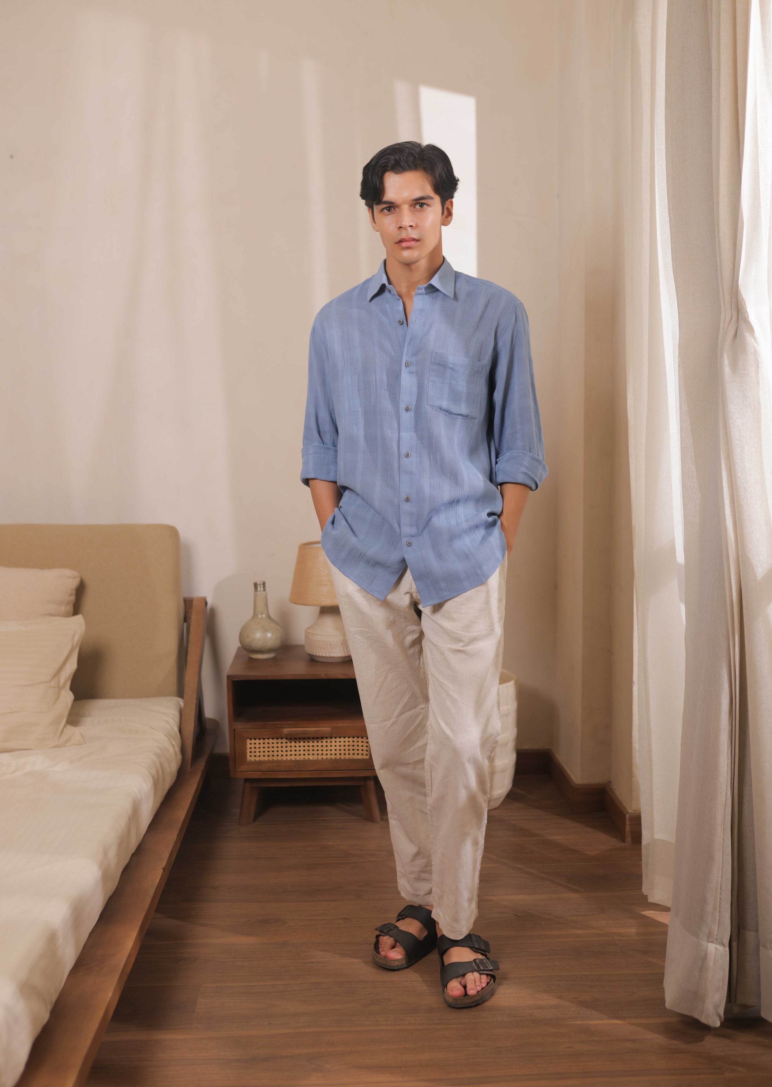 Skylane – Blue Handwoven Cotton Shirt in Mock Leno Weave
