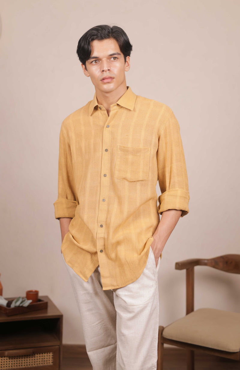 Amberhue – Mustard Handwoven Cotton Shirt in Mock Leno Weave