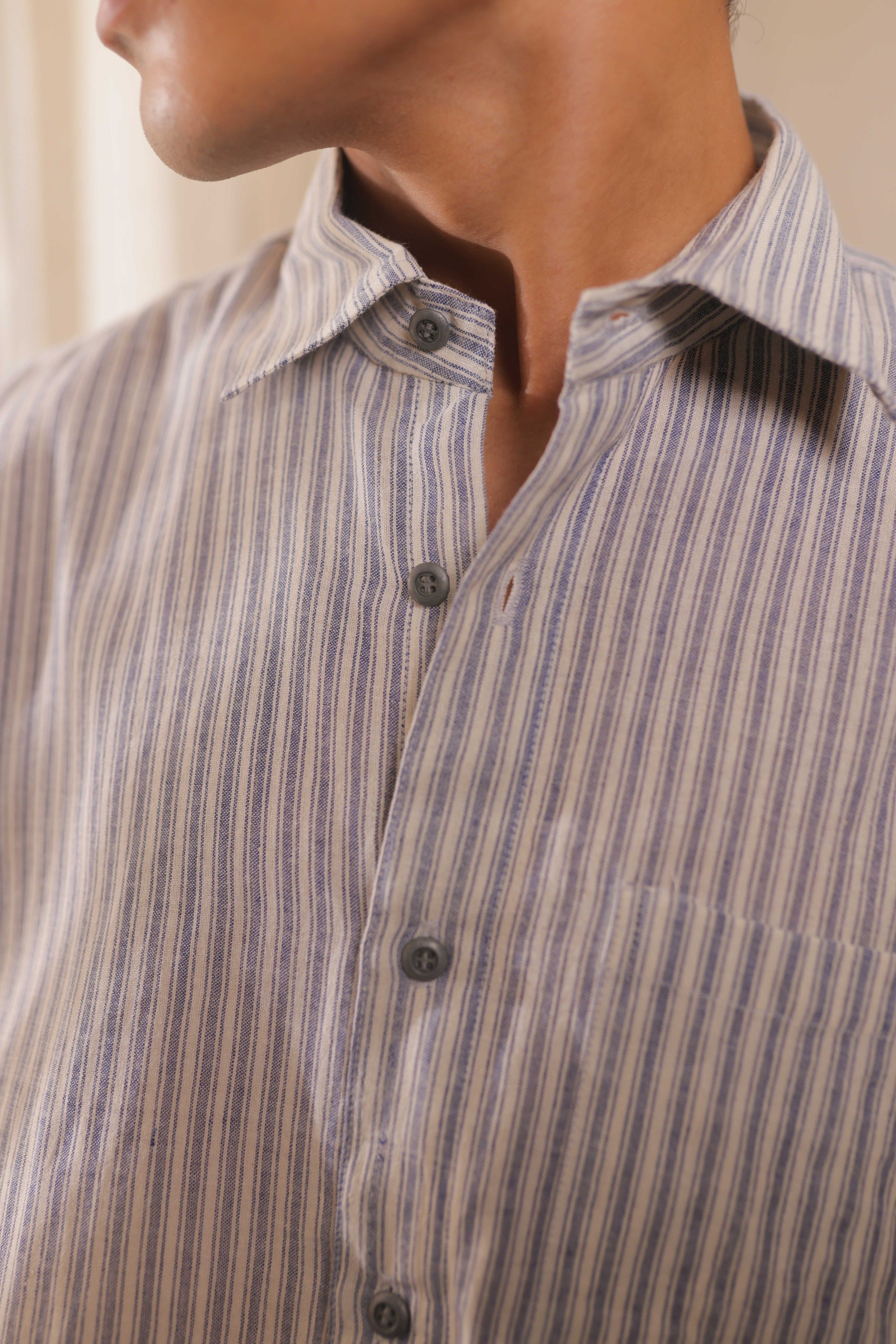 Morning Mist,  Handwoven Off-White Striped Cotton Shirt